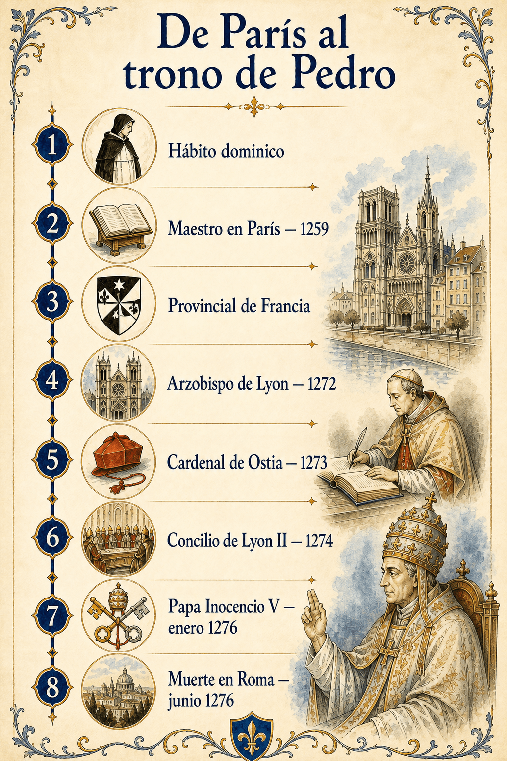 Friso ilustrado De París al trono de Pedro que recorre la carrera de Pedro de Tarentaise hasta el pontificado de Inocencio V