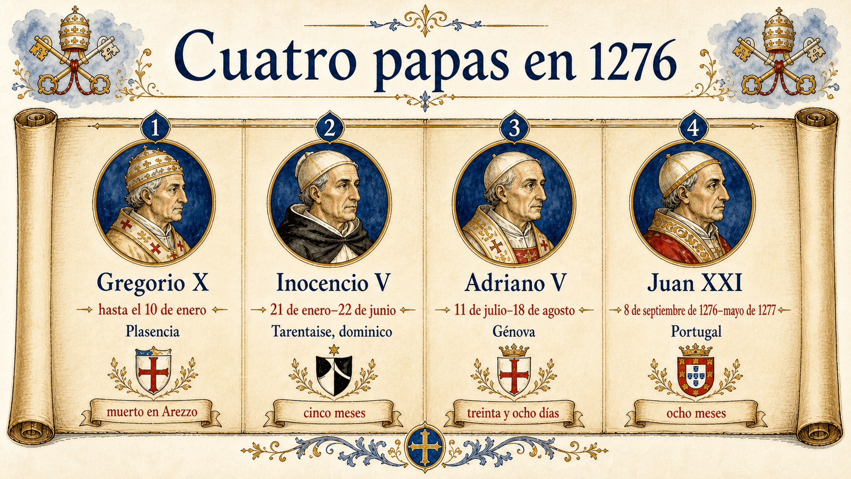 Infografía Cuatro papas en 1276 que compara a Gregorio X, Inocencio V, Adriano V y Juan XXI