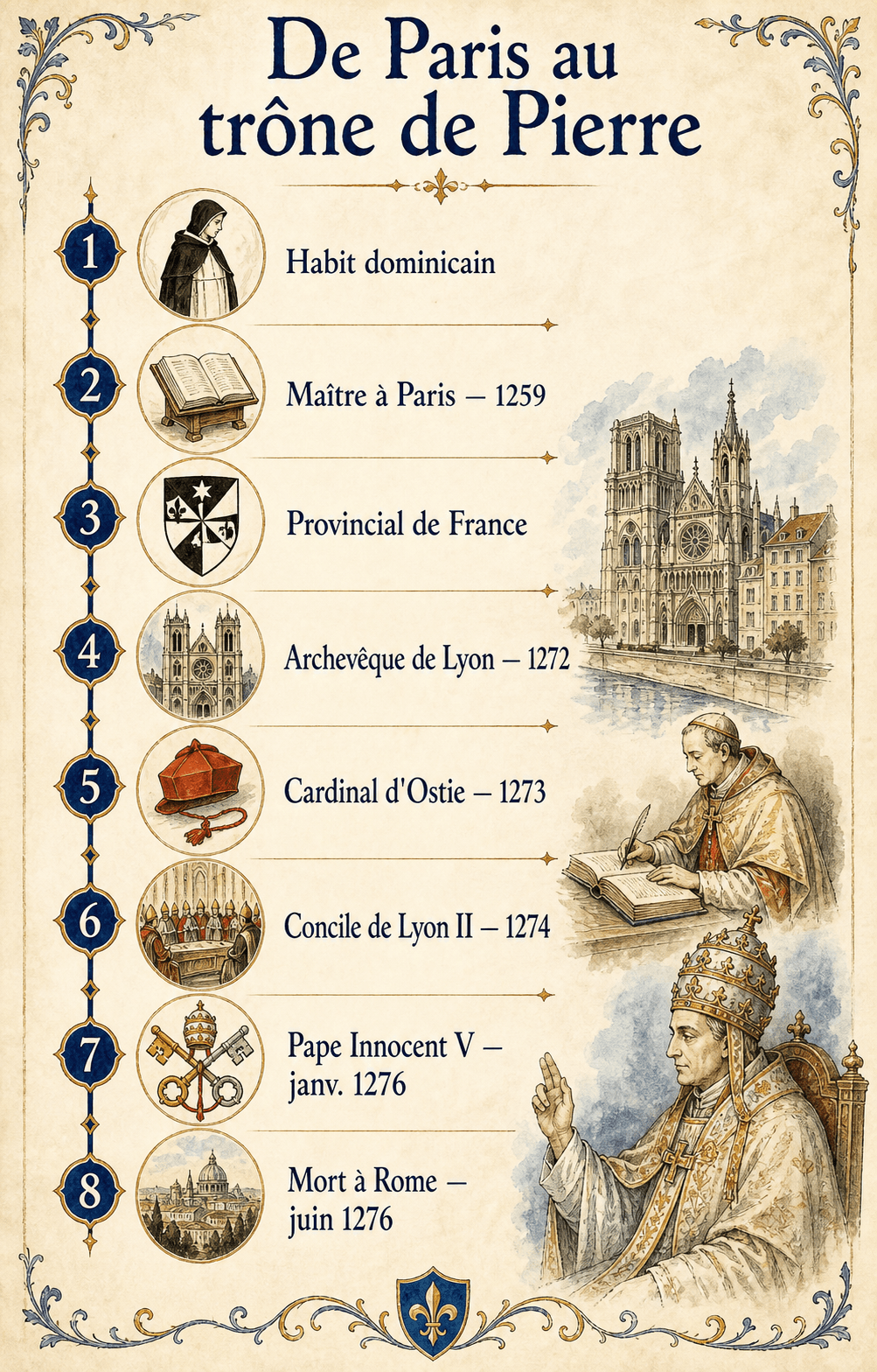 Frise illustrée De Paris au trône de Pierre retraçant la carrière de Pierre de Tarentaise jusqu'au pontificat d'Innocent V
