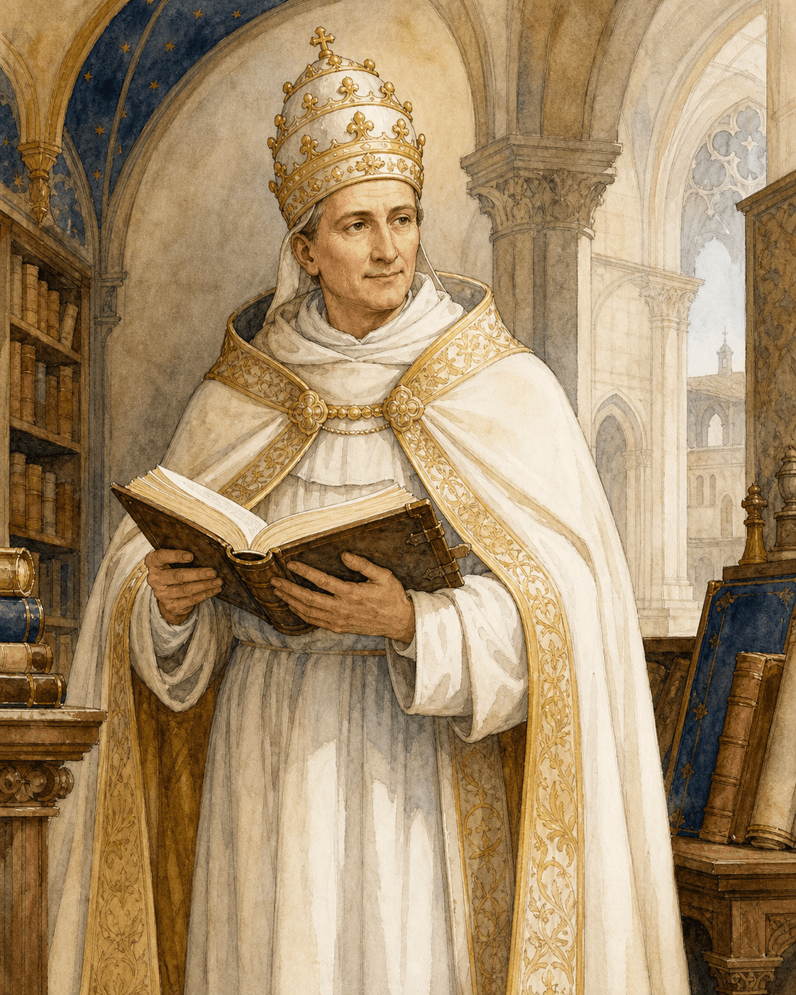 Aquarell-Illustration des seligen Papstes Innozenz V., eines Dominikaners des 13. Jahrhunderts, mit einem Buch der Theologie in der Hand