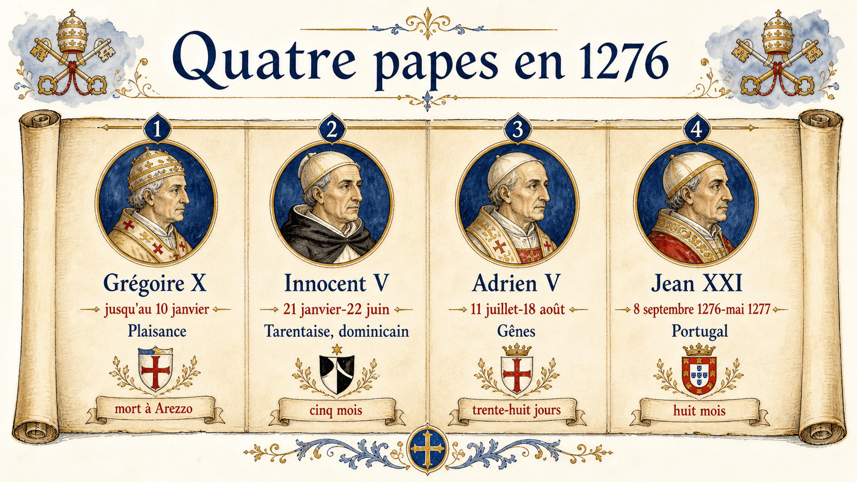 Infographie Quatre papes en 1276 comparant Grégoire X, Innocent V, Adrien V et Jean XXI