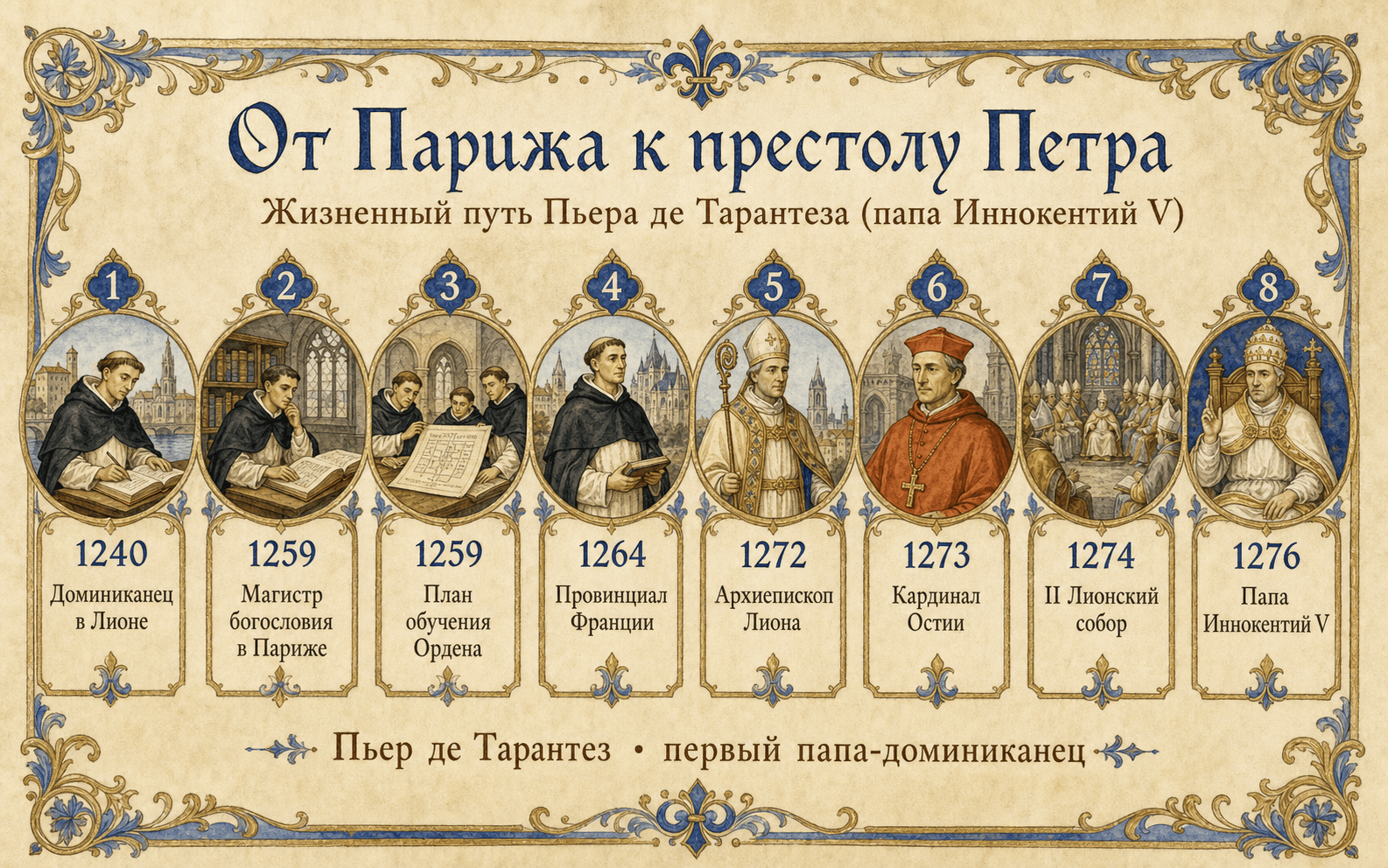 Иллюстрированная русская фризовая инфографика От Парижа к престолу Петра о карьере Пьера де Тарантеза до понтификата Иннокентия V