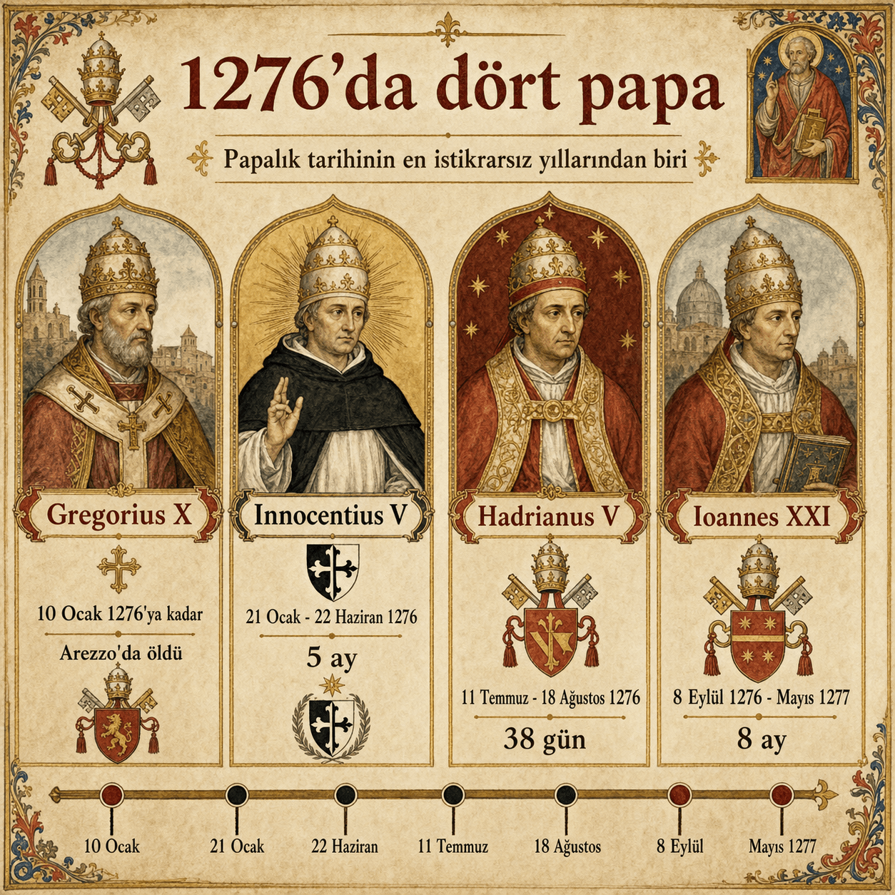Gregorius X, Innocentius V, Hadrianus V ve Ioannes XXI'i karşılaştıran 1276'da dört papa başlıklı Türkçe infografik