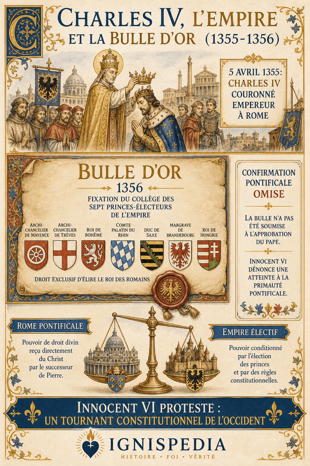 Infografika o koronacji Karola IV i Złotej Bulli z 1356 roku za Innocentego VI