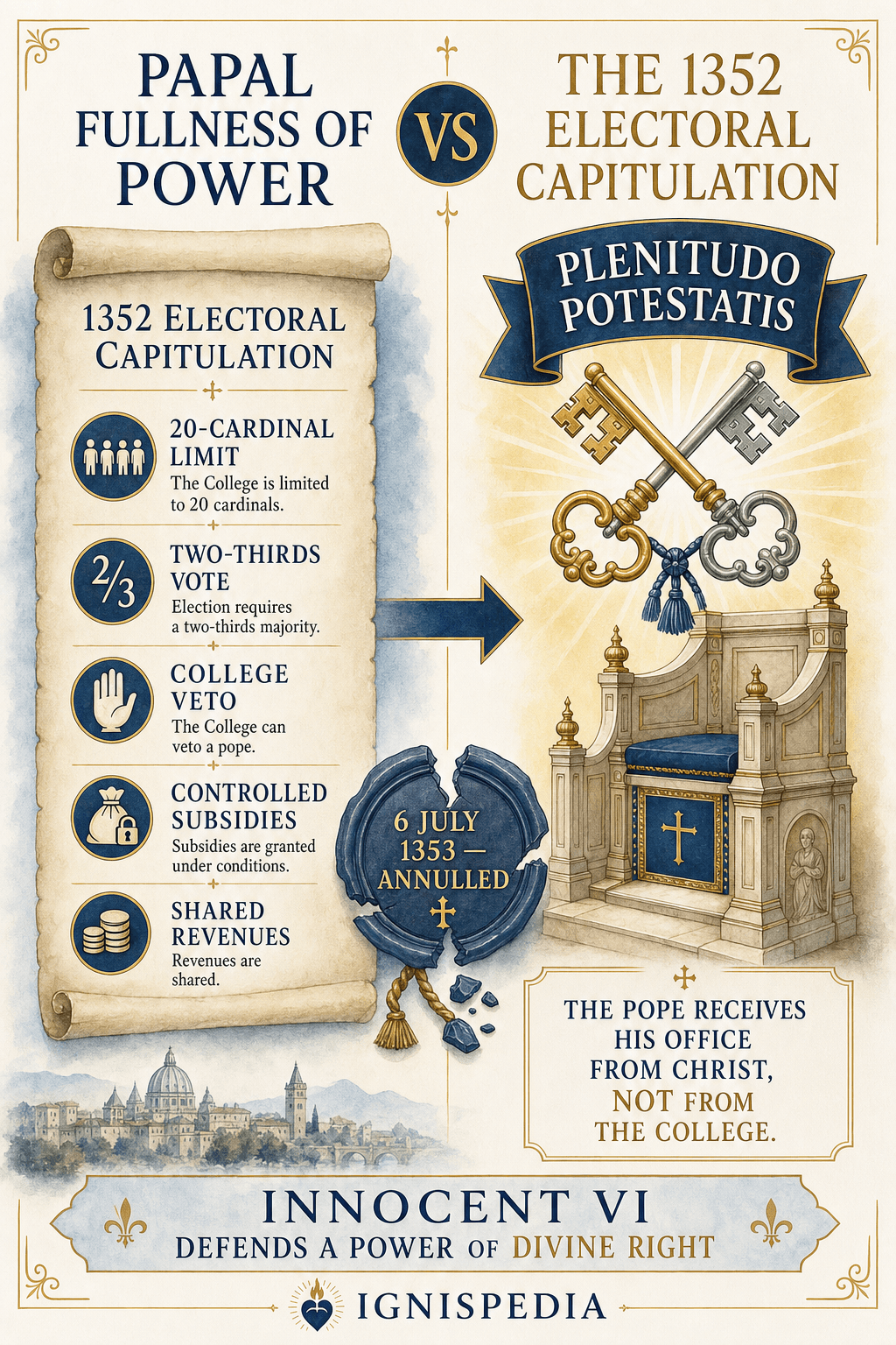Infographic explaining the annulment of the 1352 electoral capitulation by Innocent VI in the name of the plenitudo potestatis