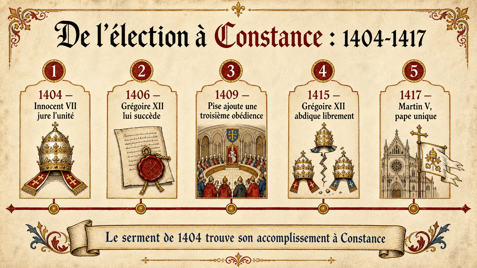 Frisa infográfica de 1404 a 1417 que mostra o juramento de Inocêncio VII, Pisa, a abdicação de Gregório XII e Martinho V
