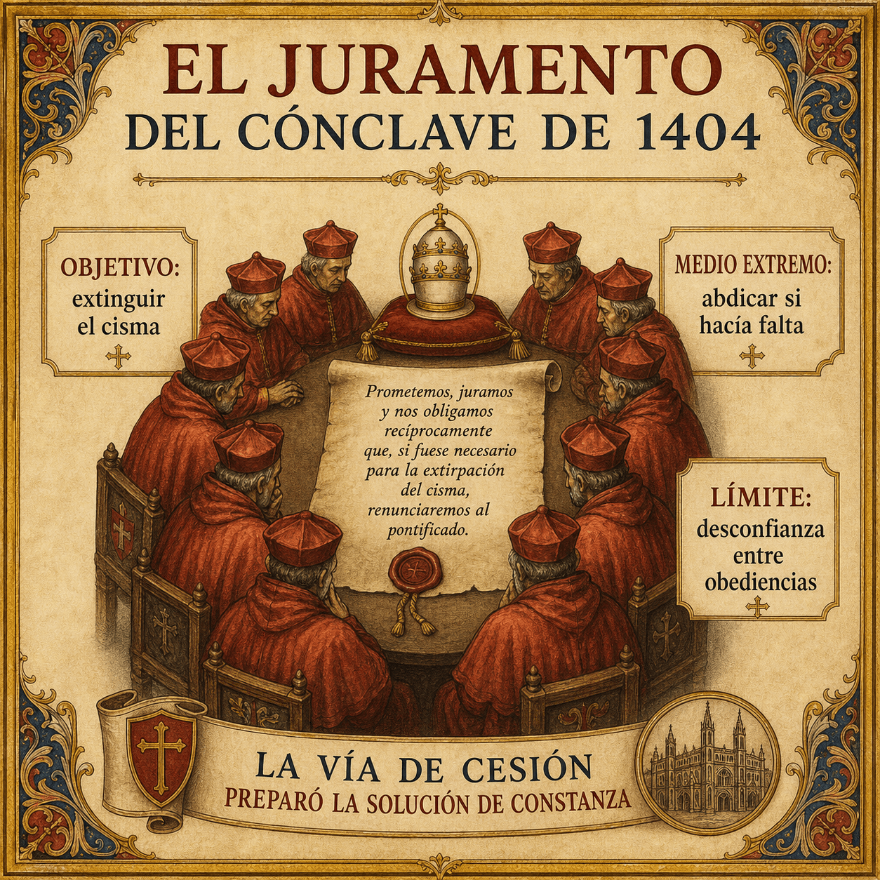 Infografía en español sobre el juramento del cónclave de 1404 por el que los cardenales romanos se comprometieron a buscar la unidad