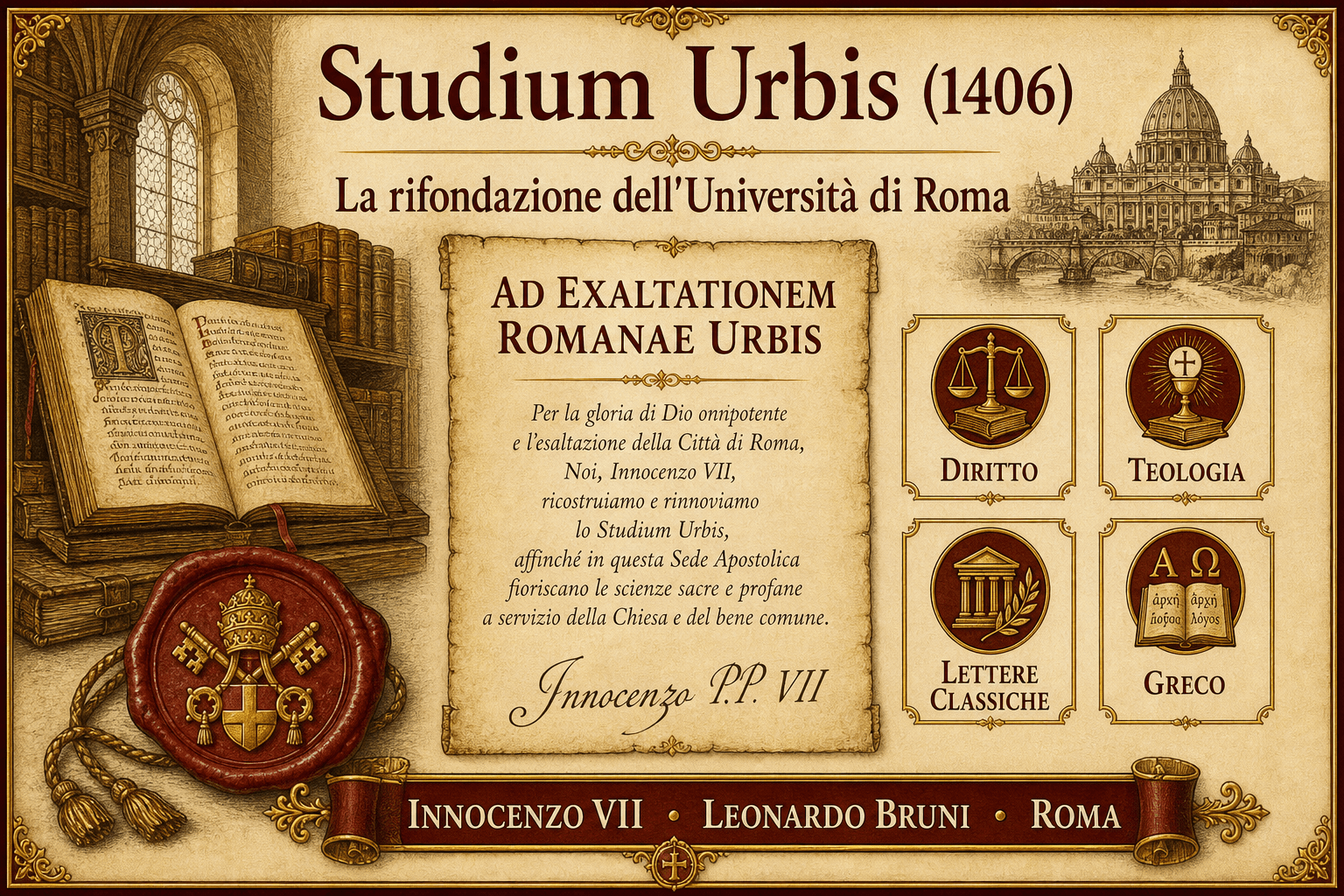 Infografica sulla bolla Ad exaltationem Romanae Urbis e sul rinnovamento dello Studium Urbis nel 1406