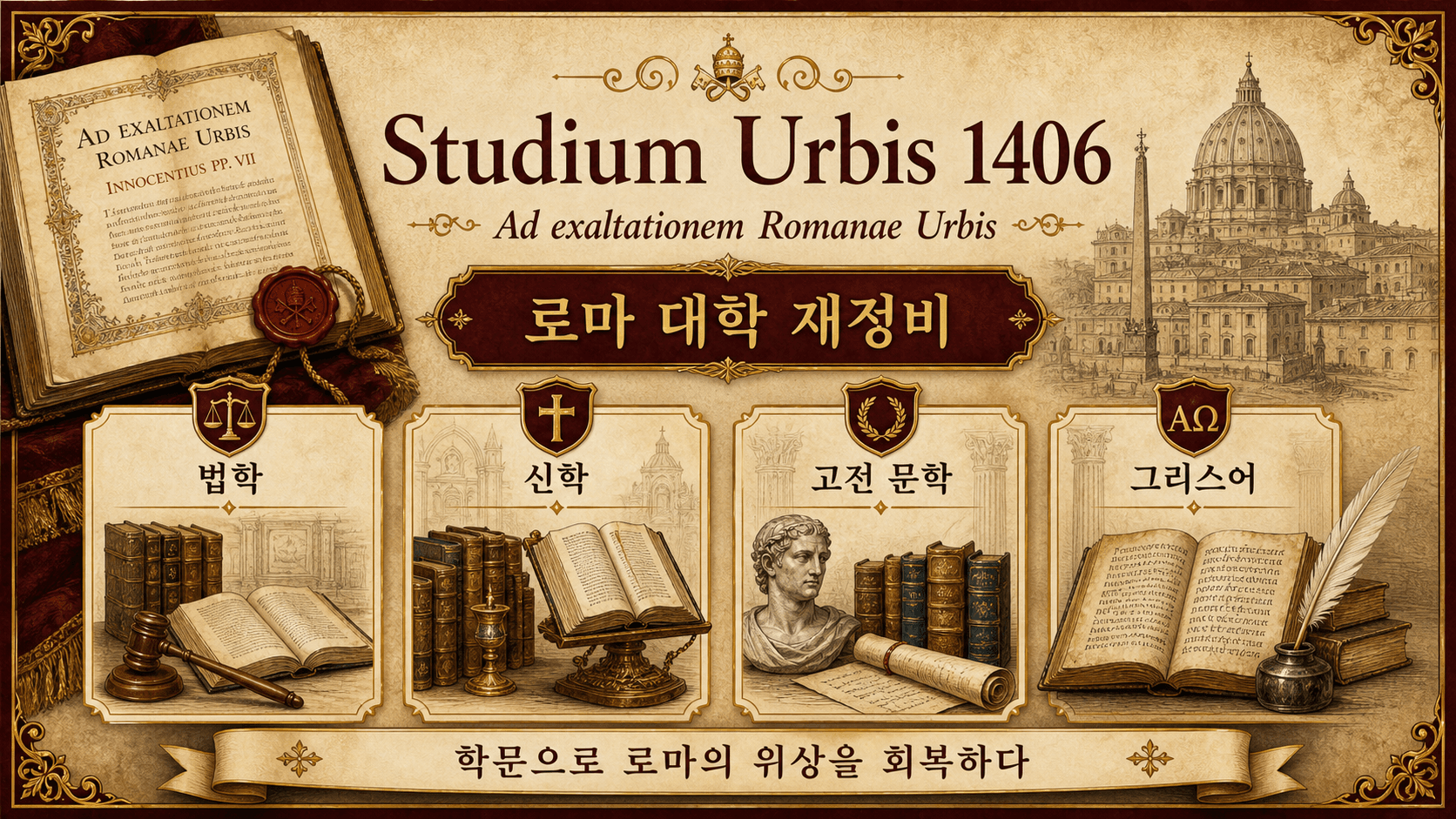 Ad exaltationem Romanae Urbis 칙서와 1406년 Studium Urbis 재정비를 설명하는 한국어 인포그래픽