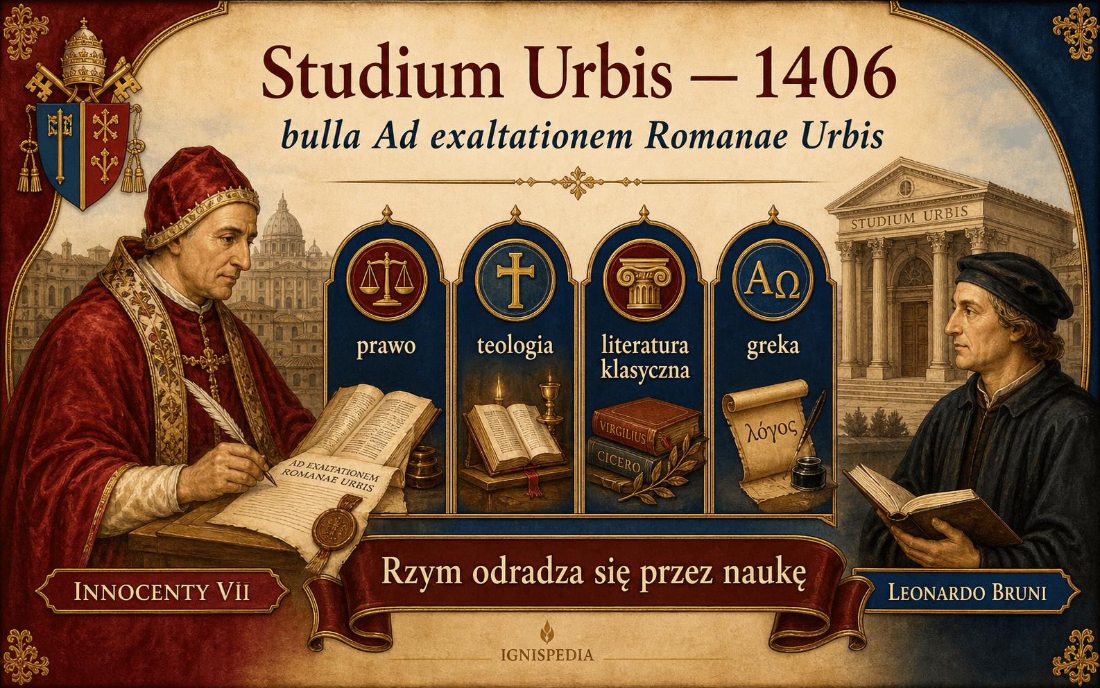 Infografika o bulli Ad exaltationem Romanae Urbis i odnowieniu Studium Urbis w 1406 roku