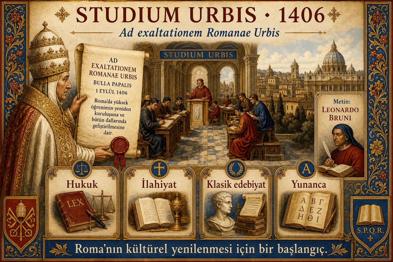 Ad exaltationem Romanae Urbis bullası ve 1406'da Studium Urbis'in yeniden düzenlenmesi hakkında Türkçe infografik