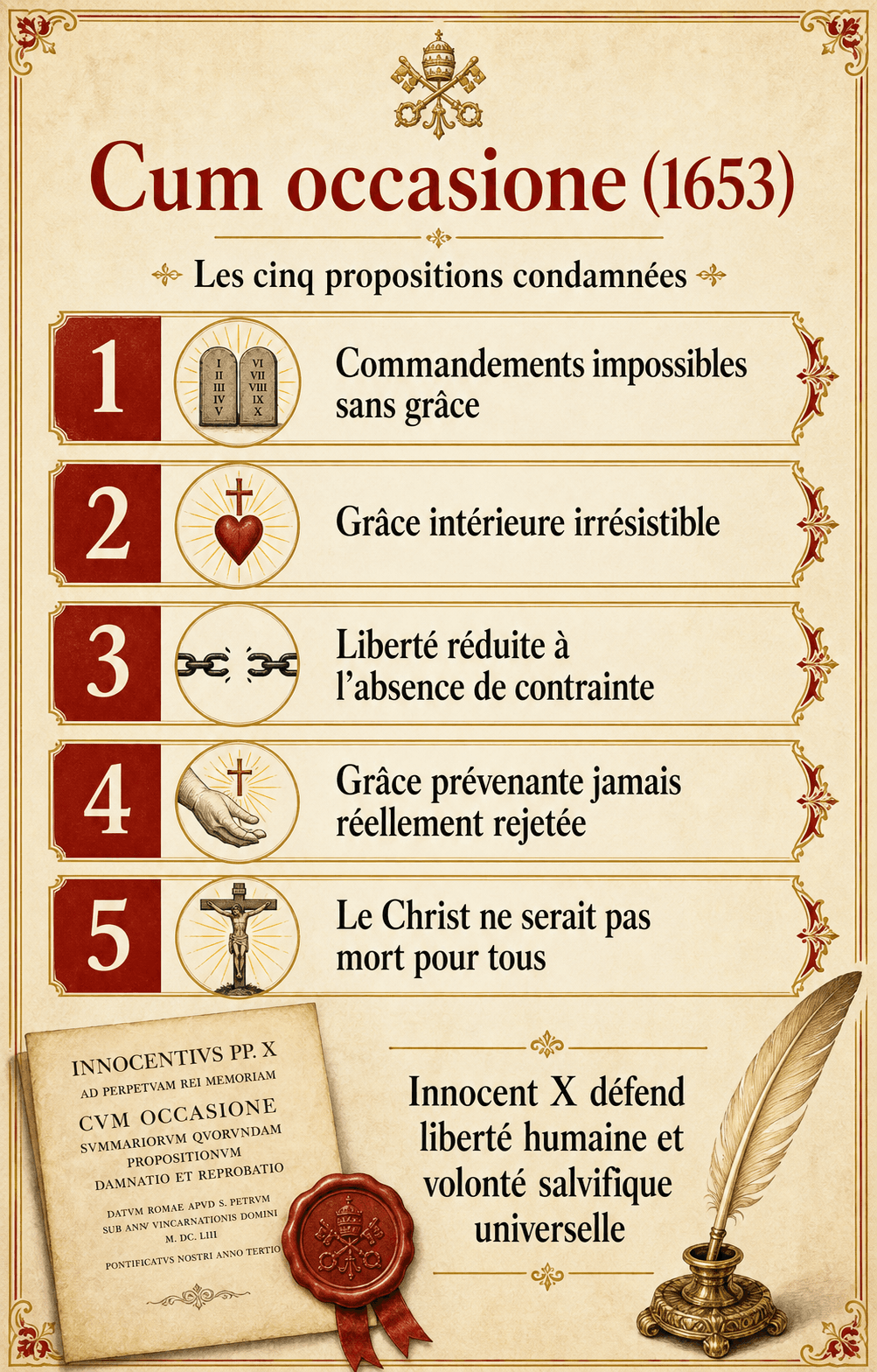 Infographie présentant les cinq propositions jansénistes condamnées par la bulle Cum occasione en 1653