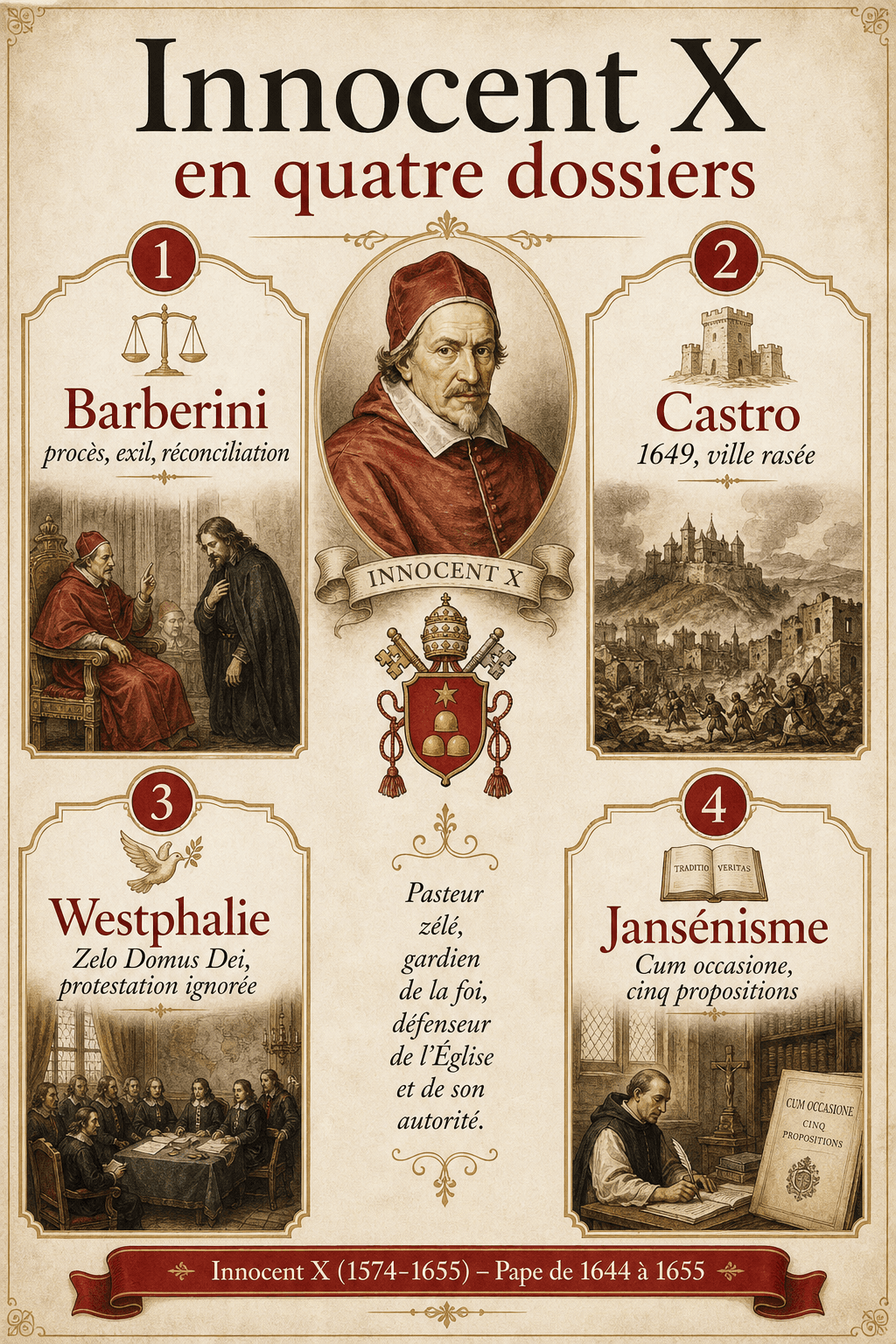 Infographie présentant les quatre grands dossiers du pontificat d'Innocent X : procès des Barberini, guerre de Castro, protestation contre la paix de Westphalie et condamnation du jansénisme