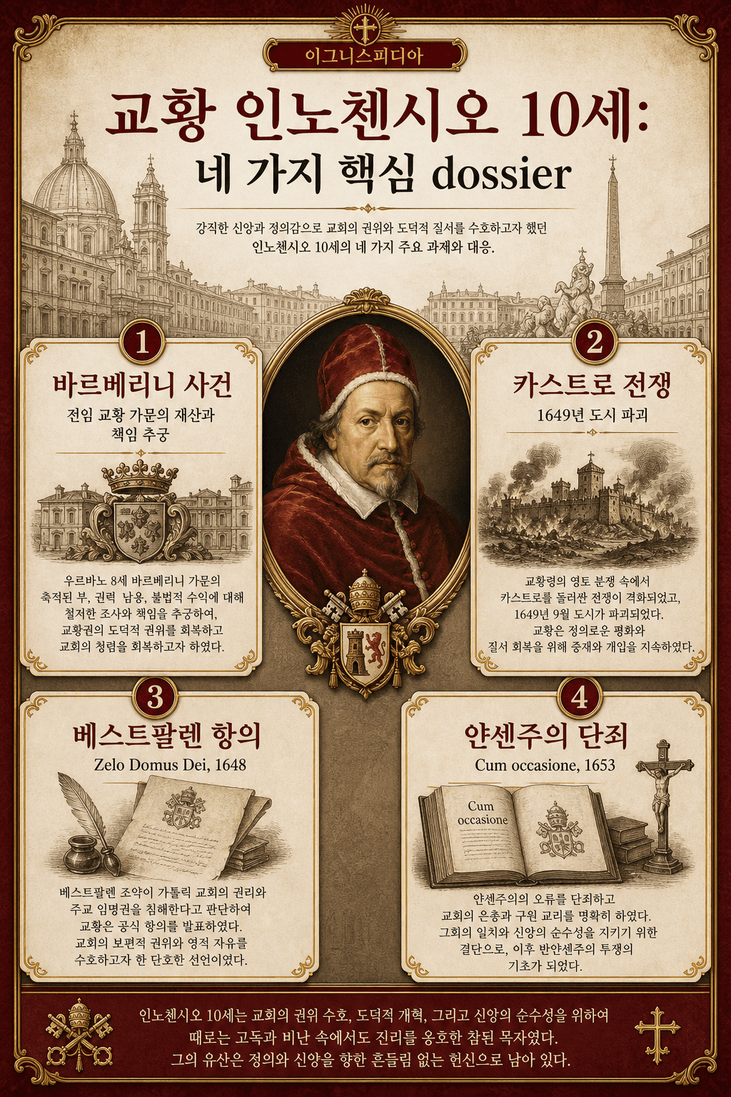 인노첸시오 10세 재위의 네 가지 핵심 현안: 바르베리니 사건, 카스트로 전쟁, 베스트팔렌 평화 항의, 얀센주의 단죄를 보여 주는 한국어 인포그래픽