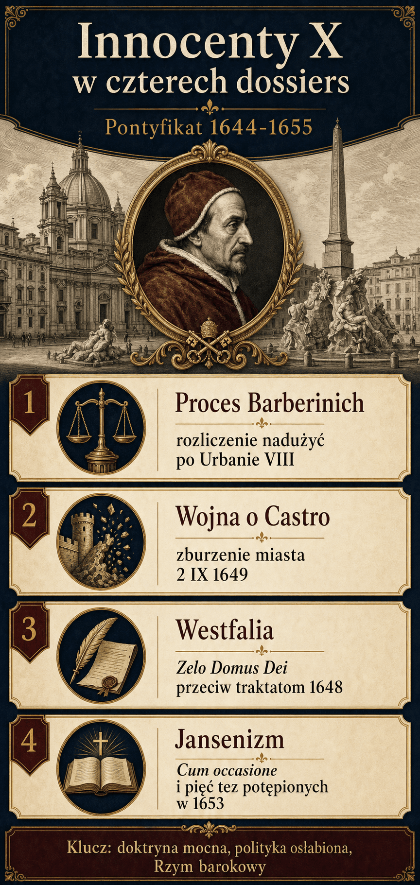 Infografika przedstawiająca cztery wielkie dossiers pontyfikatu Innocentego X: proces Barberinich, wojnę o Castro, protest przeciw pokojowi westfalskiemu i potępienie jansenizmu