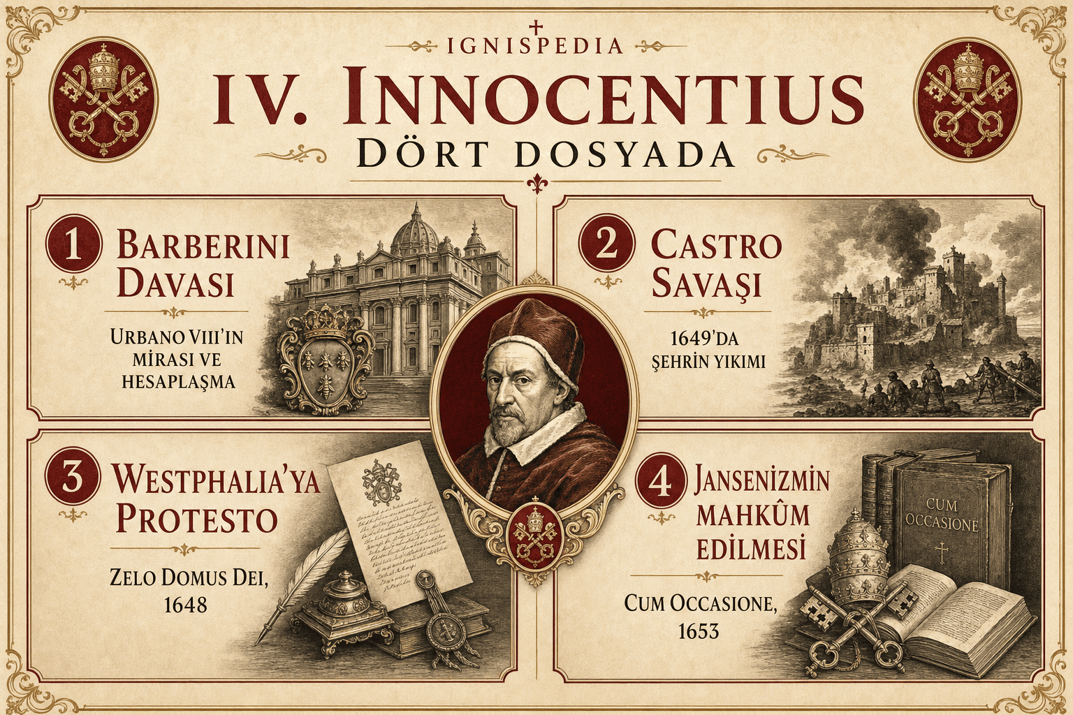 IV. Innocentius pontifikasının dört büyük dosyasını gösteren Türkçe infografik: Barberini davası, Castro savaşı, Westphalia Barışı'na protesto ve Jansenizmin mahkûm edilmesi
