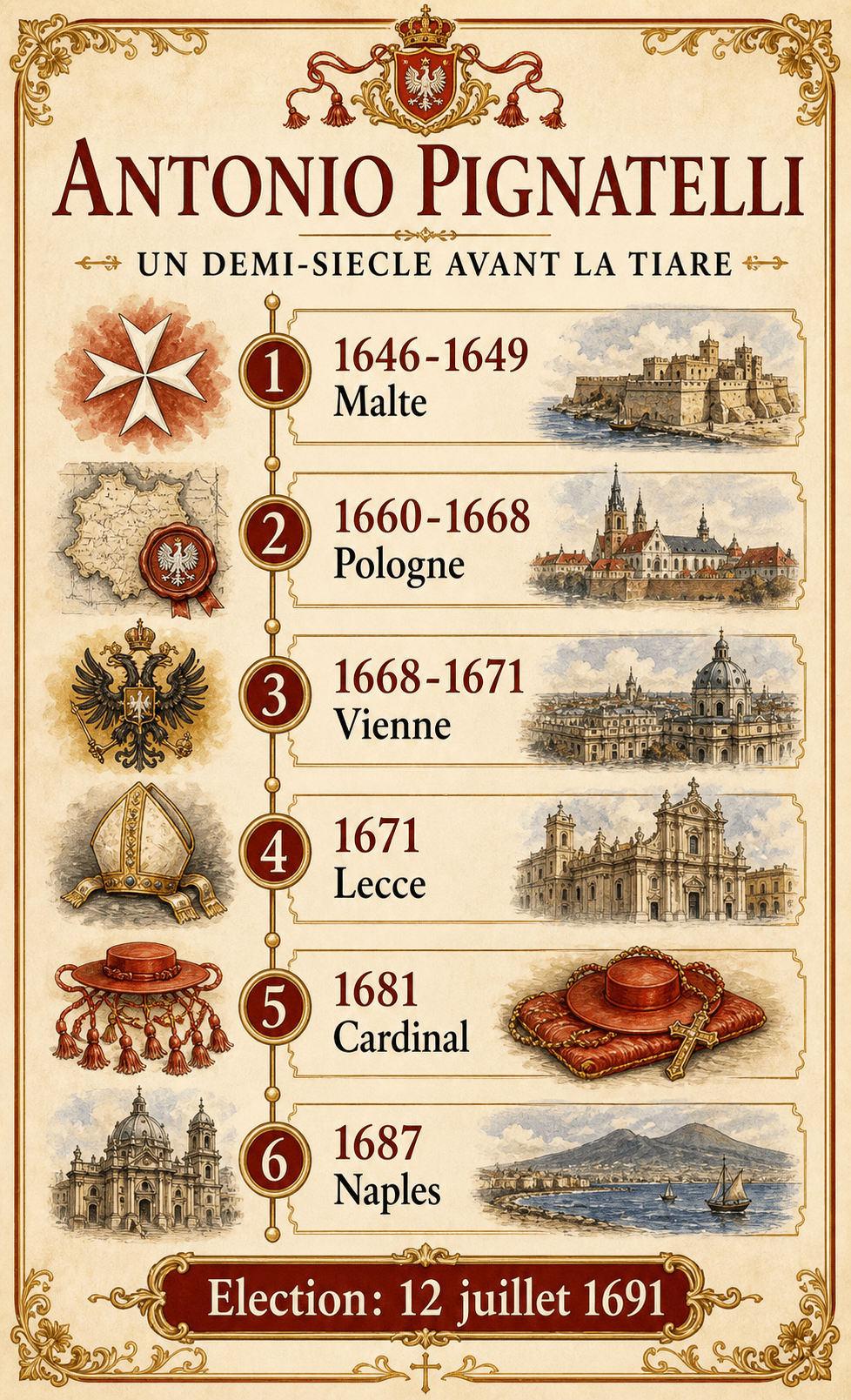 Infographie de la carrière ecclésiastique d'Antonio Pignatelli avant son élection : inquisiteur de Malte, nonce en Toscane, Pologne, Vienne, évêque de Lecce et Faenza, archevêque de Naples, cardinal