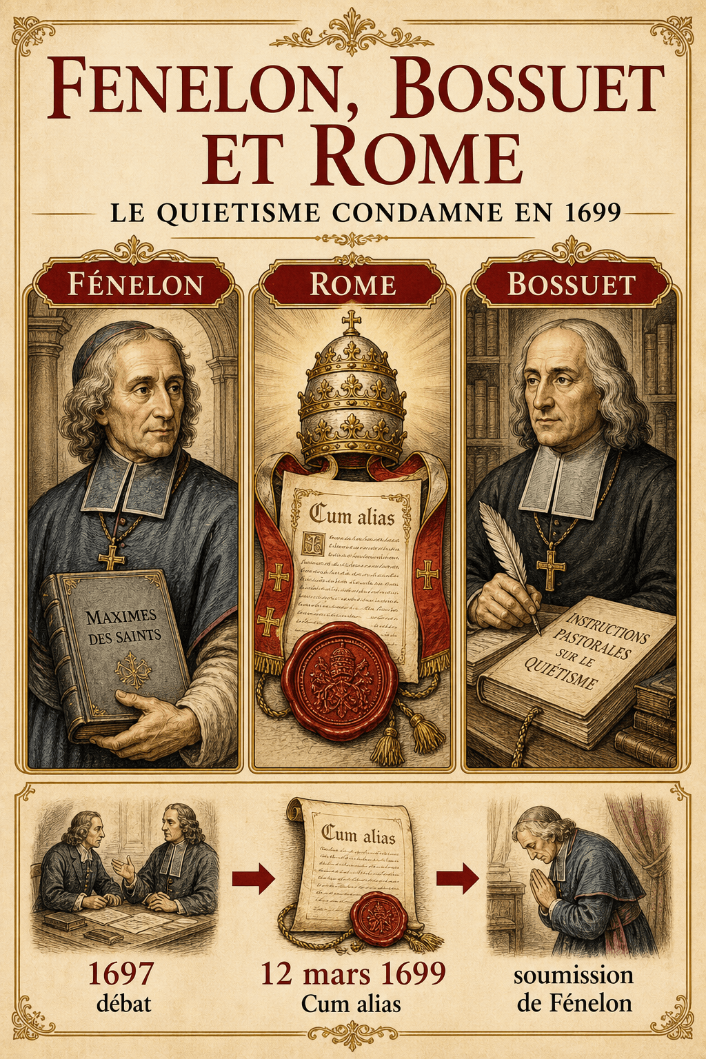 Infographie comparant les positions de Fénelon et de Bossuet dans la querelle du quiétisme tranchée par Innocent XII en 1699