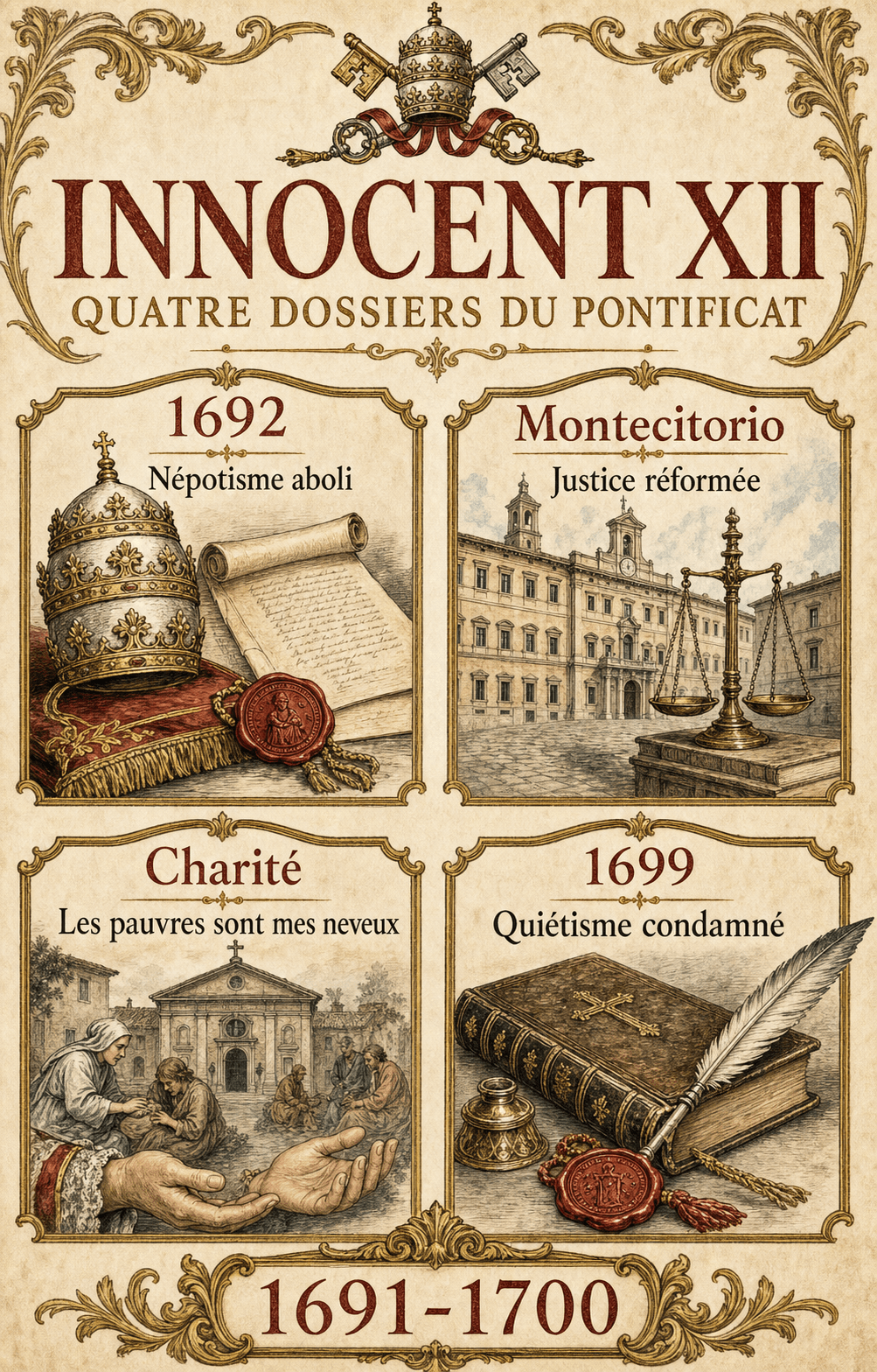 Infographie présentant les quatre grands dossiers du pontificat d'Innocent XII : abolition du népotisme, réforme de la justice, charité aux pauvres et condamnation du quiétisme