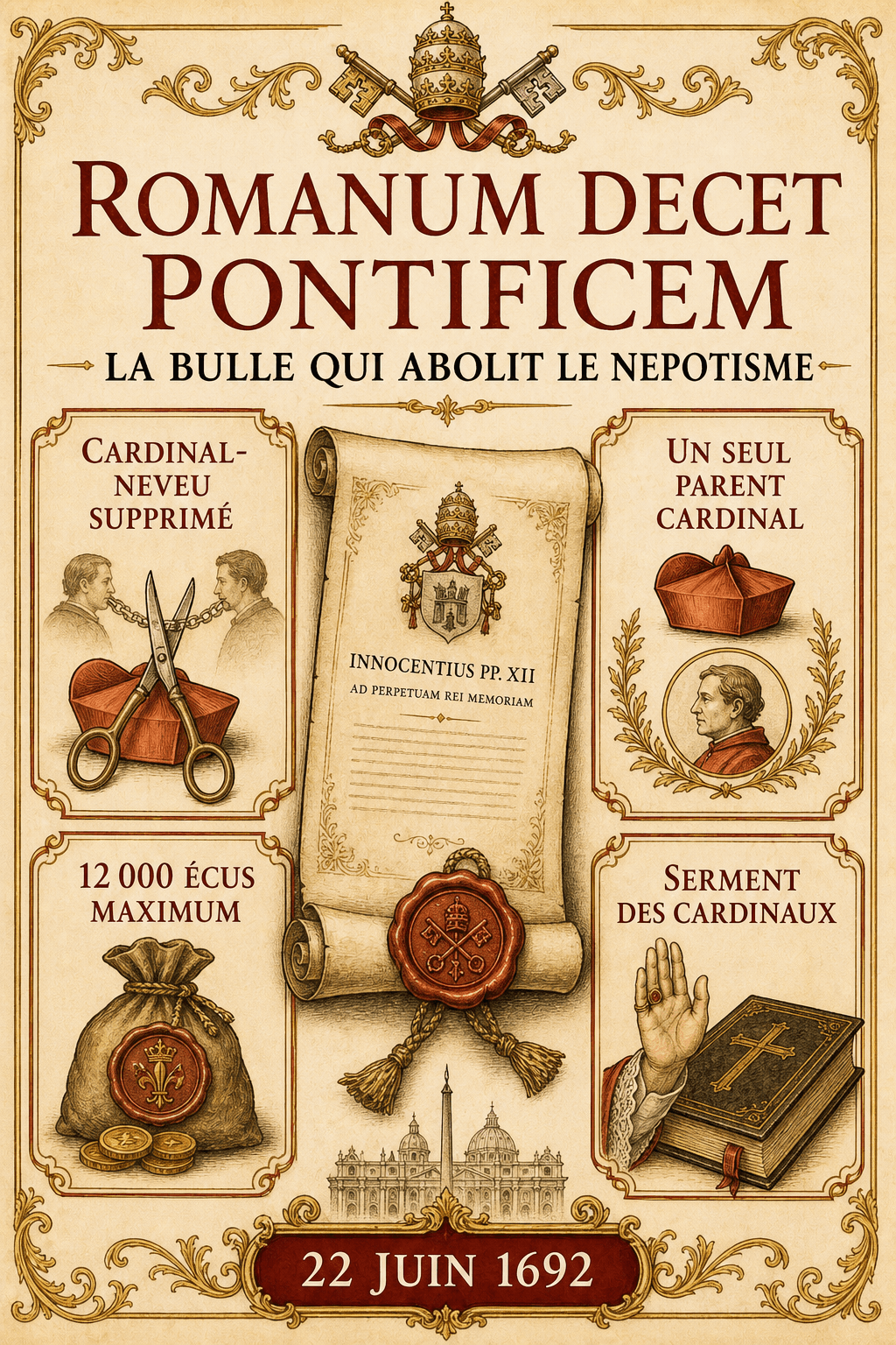 Infographie expliquant la bulle Romanum decet Pontificem de 1692 : abolition de la charge de cardinal-neveu, limite d'un seul parent cardinal, plafond de 12 000 écus, serment des cardinaux