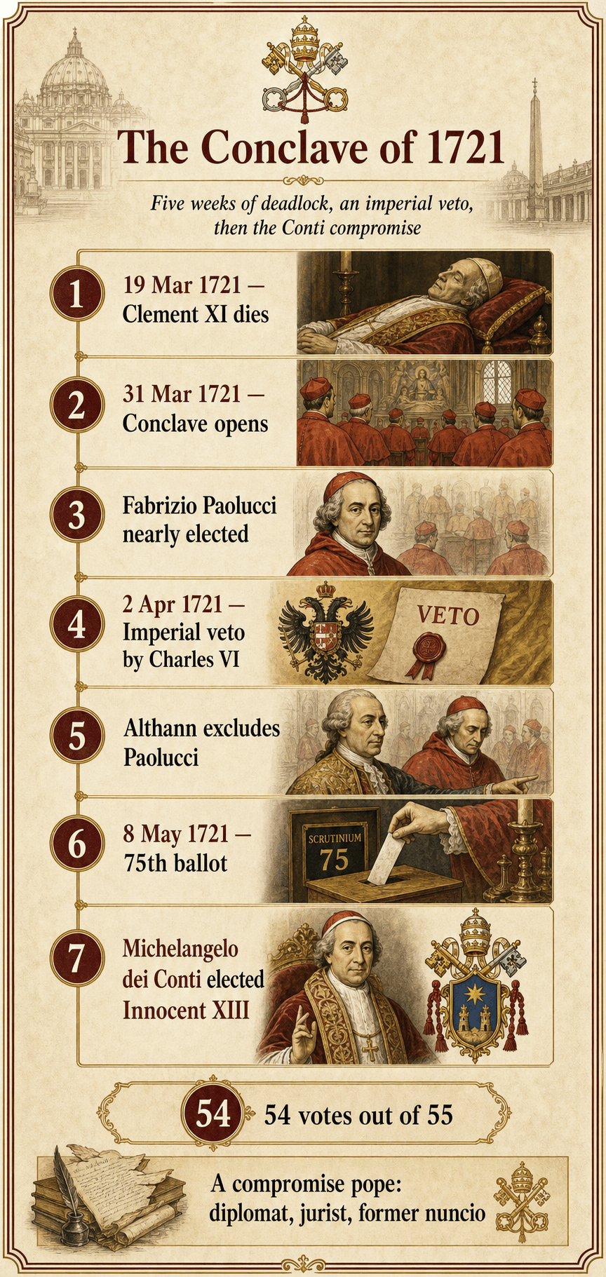 Diagram of the 1721 conclave, from the death of Clement XI to the election of Innocent XIII at the 75th ballot