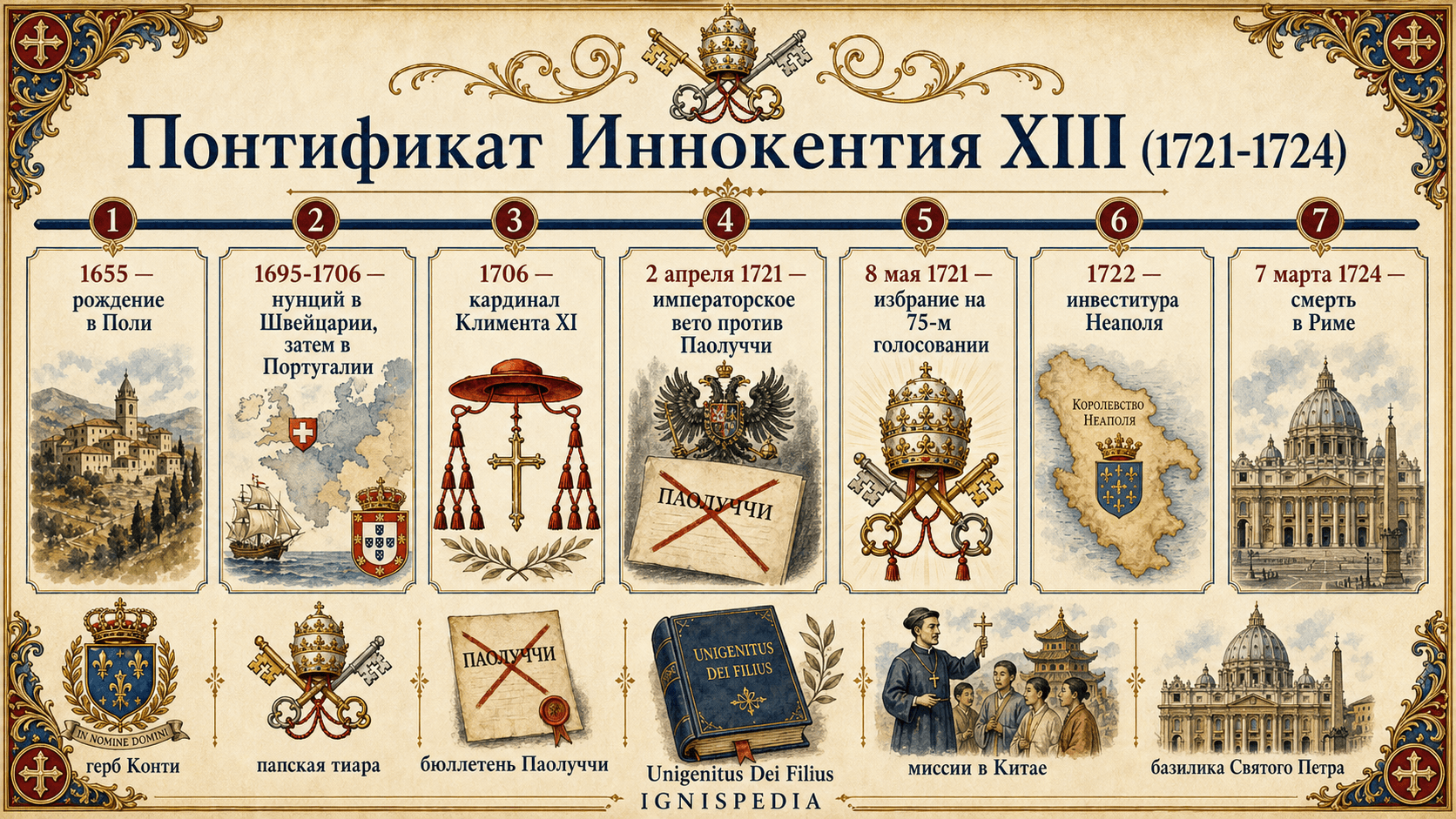 Иллюстрированная хронология понтификата Иннокентия XIII от рождения до смерти в 1724 году