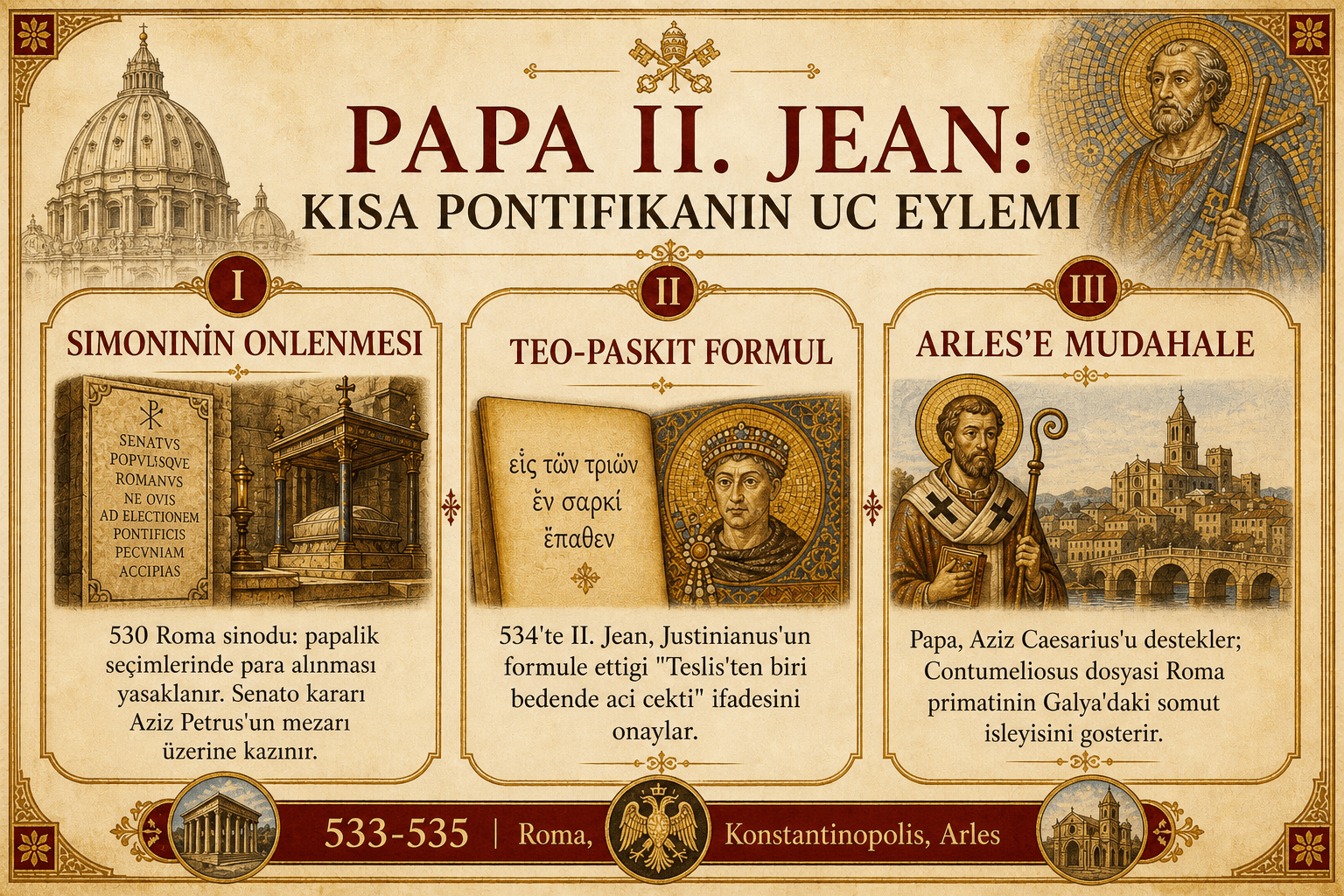 Jean II papalığı üzerine üç panelli infografik: Mercurius Jean II oluyor, simoni kınanıyor, Roma Codex Justinianus'ta tanınıyor