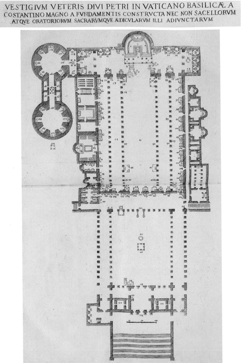 Tiberio Alfarano plan of Old Saint Peter Basilica around 1590, tombs of the popes