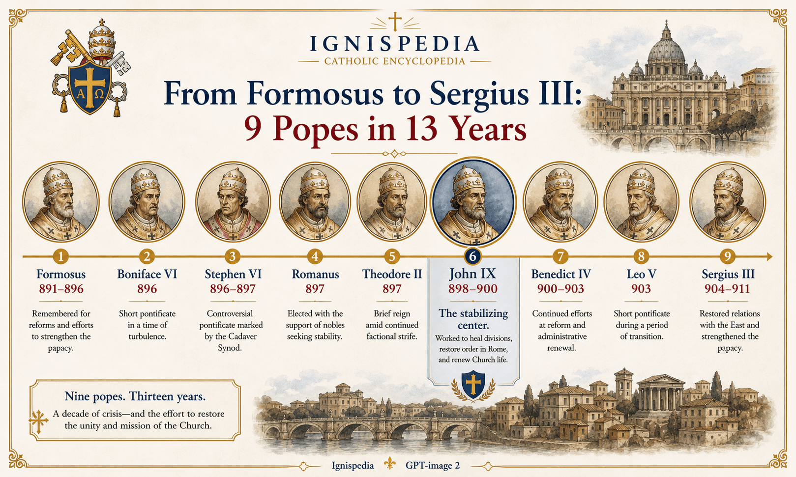 Ignispedia infographic showing the nine-pontiff sequence between Formosus and Sergius III from 891 to 904
