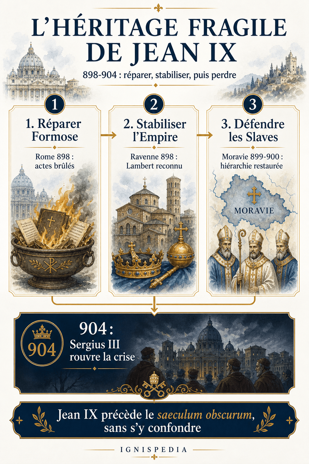 Infographie Ignispedia résumant l'héritage fragile de Jean IX entre réparation de Formose, stabilisation impériale, défense des Slaves et réversion par Sergius III