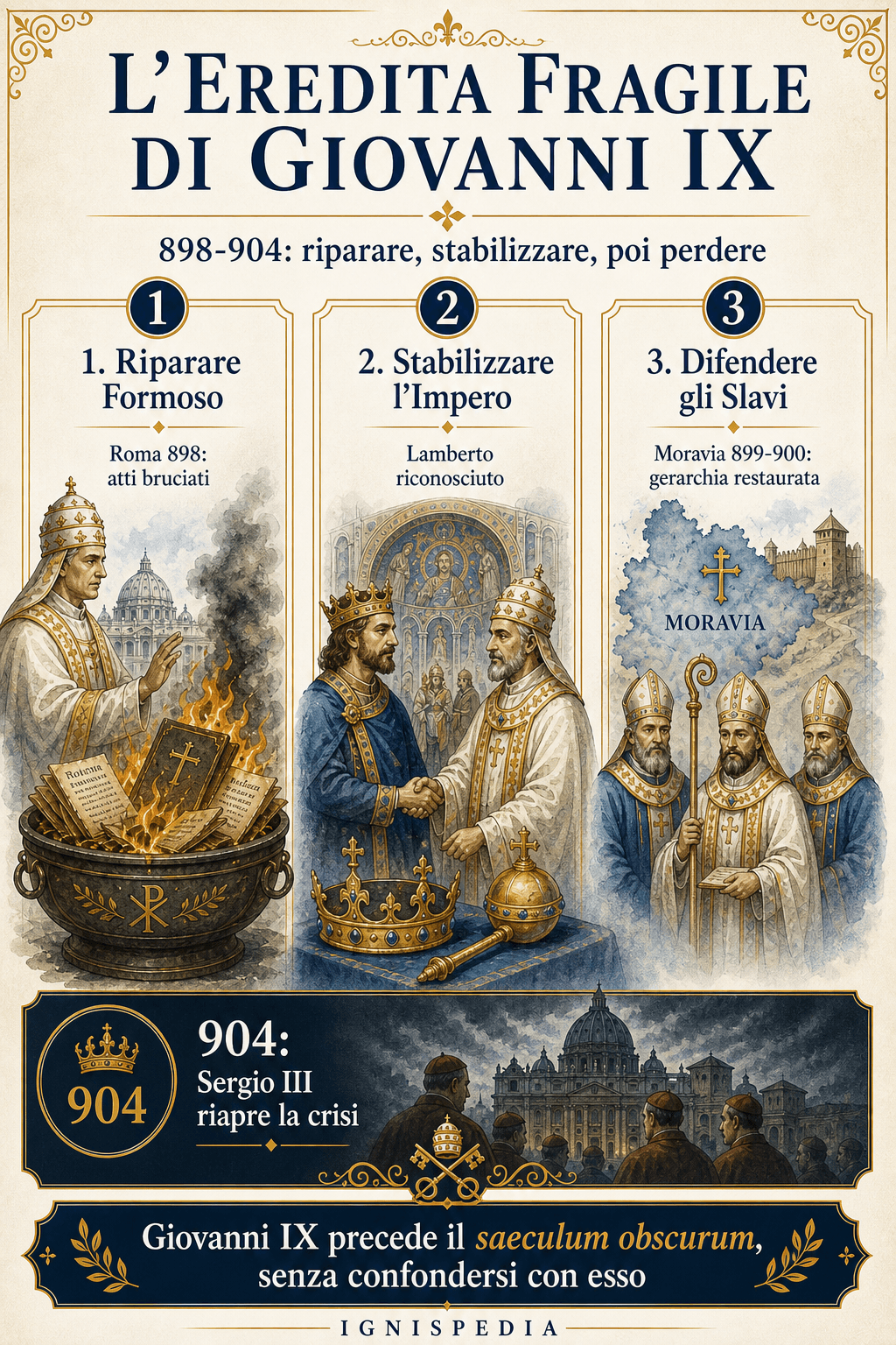 Infografica Ignispedia che riassume l’eredità fragile di Giovanni IX tra riparazione di Formoso, stabilizzazione imperiale, difesa degli Slavi e inversione da parte di Sergio III
