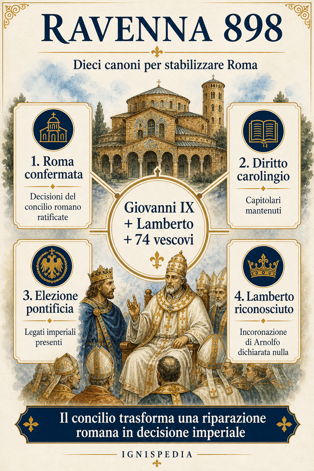 Infografica Ignispedia sul concilio di Ravenna del 898, Giovanni IX, Lambert e i dieci canoni di stabilizzazione