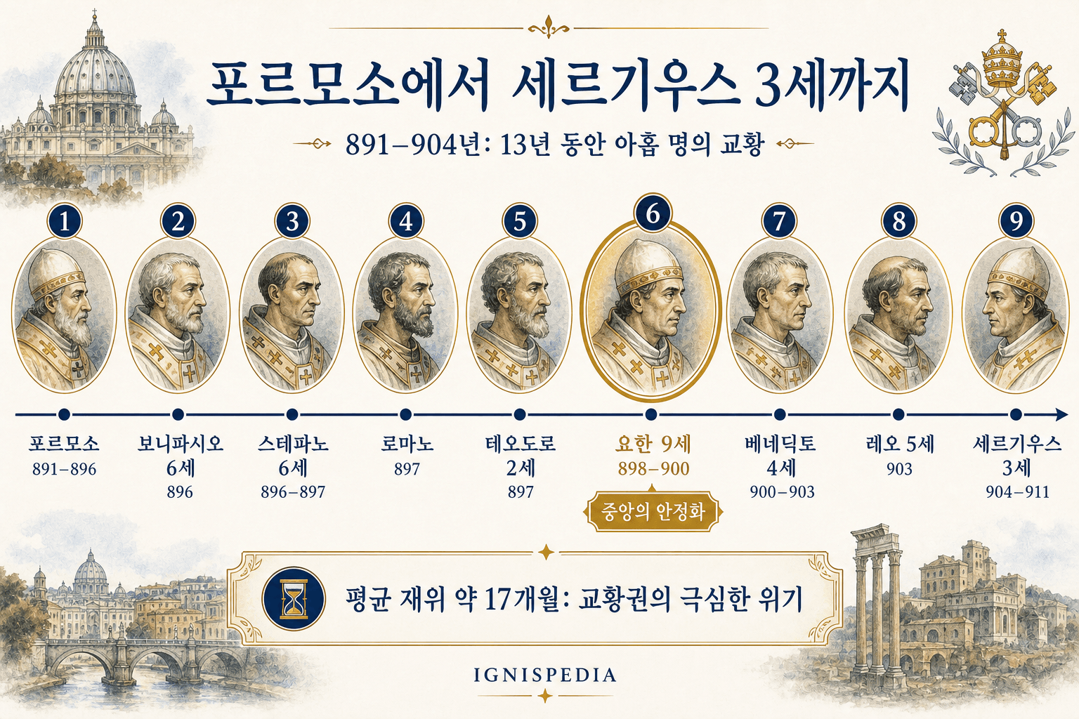 포르모소부터 세르기우스 3세까지 891년부터 904년까지 9명의 교황 연속을 나타낸 이그니스피디아 인포그래픽