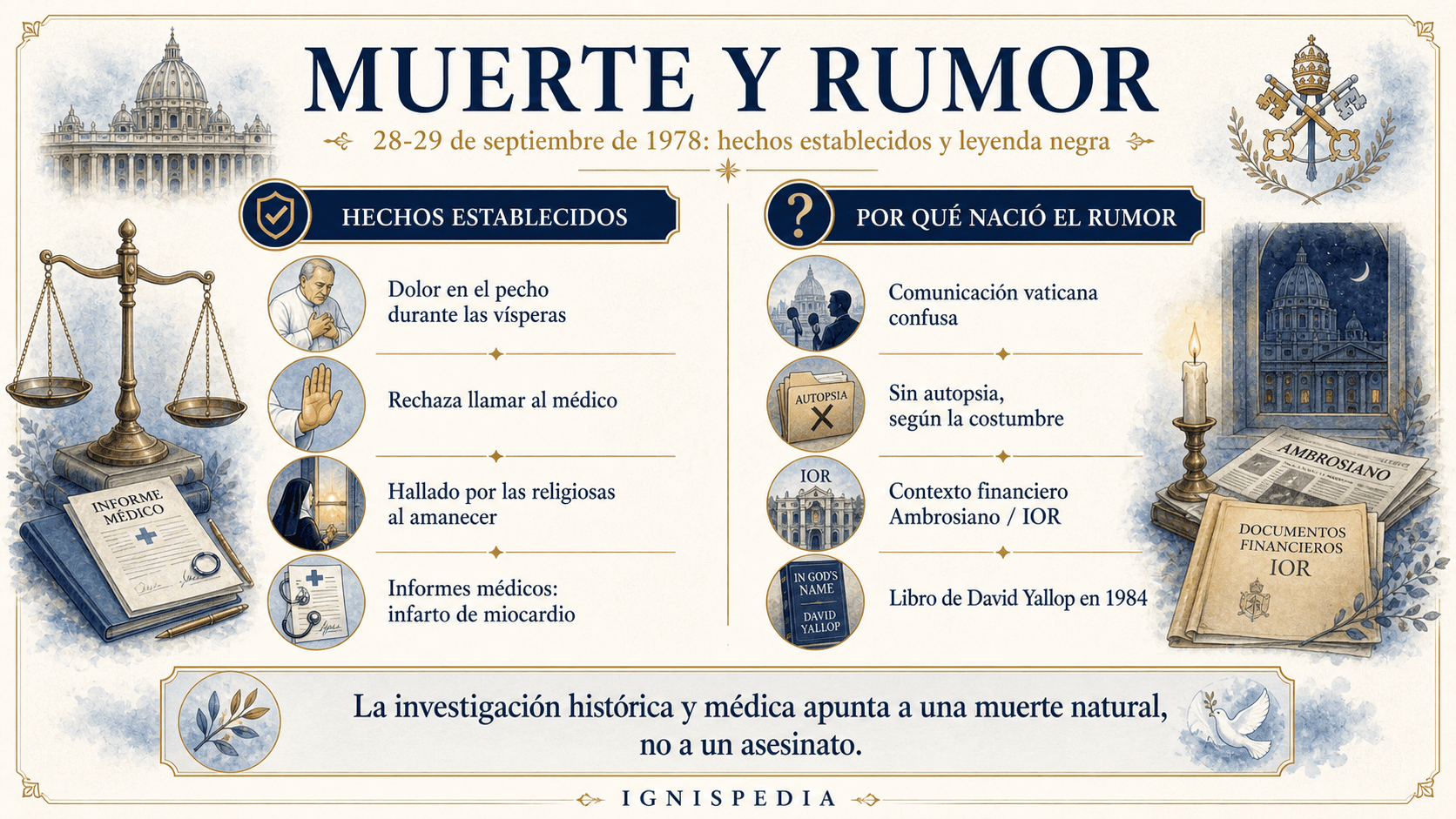 Infografía en español que distingue hechos establecidos y rumor de asesinato tras la muerte del papa Juan Pablo I