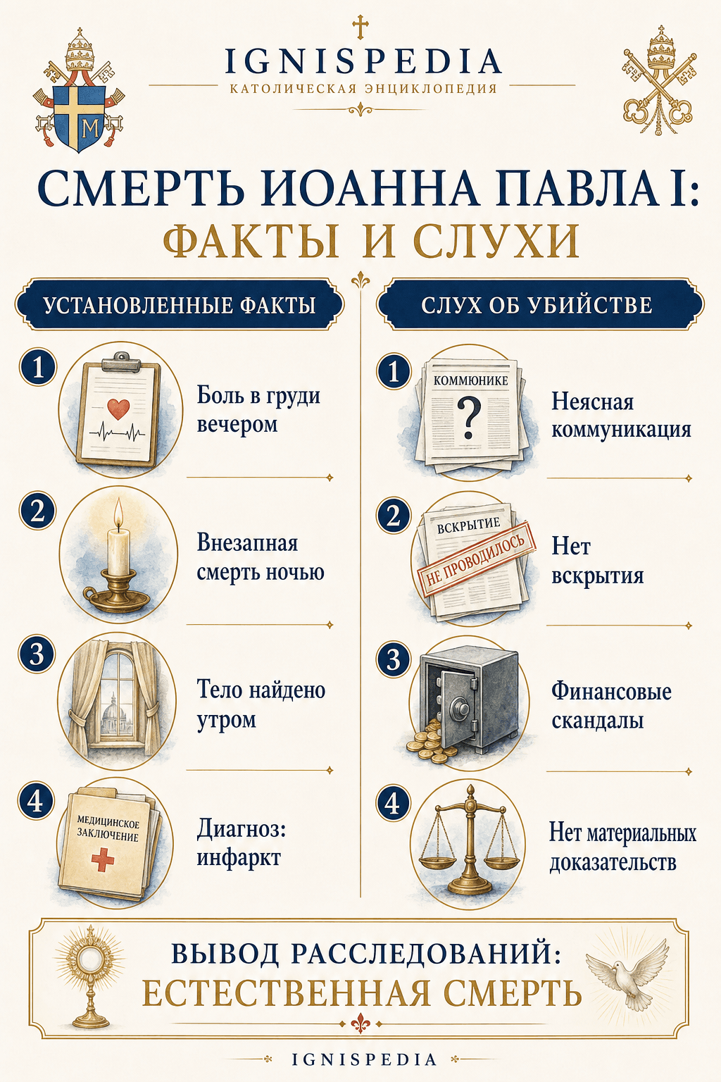 Инфографика на русском языке, различающая установленные факты и слух об убийстве после смерти Иоанна Павла I
