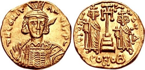 Goldsolidus Konstantins IV. mit Heraclius und Tiberius