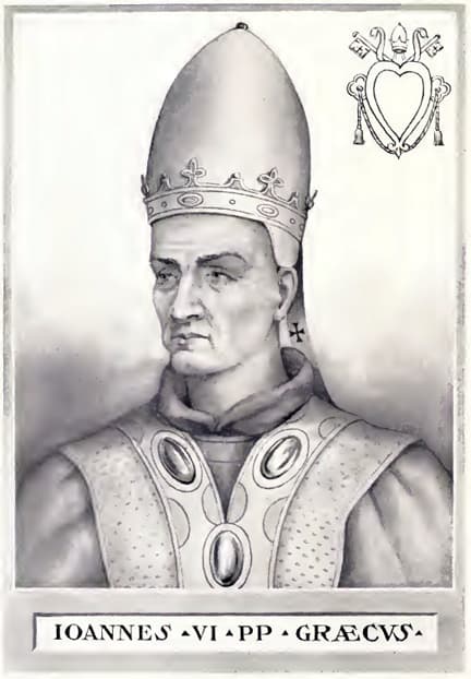 Imagined portrait of Pope John VI, old engraving captioned “Ioannes VI PP Graecus”
