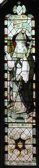 Stained glass window showing Saint Wilfrid of York as a bishop, with crozier and mitre