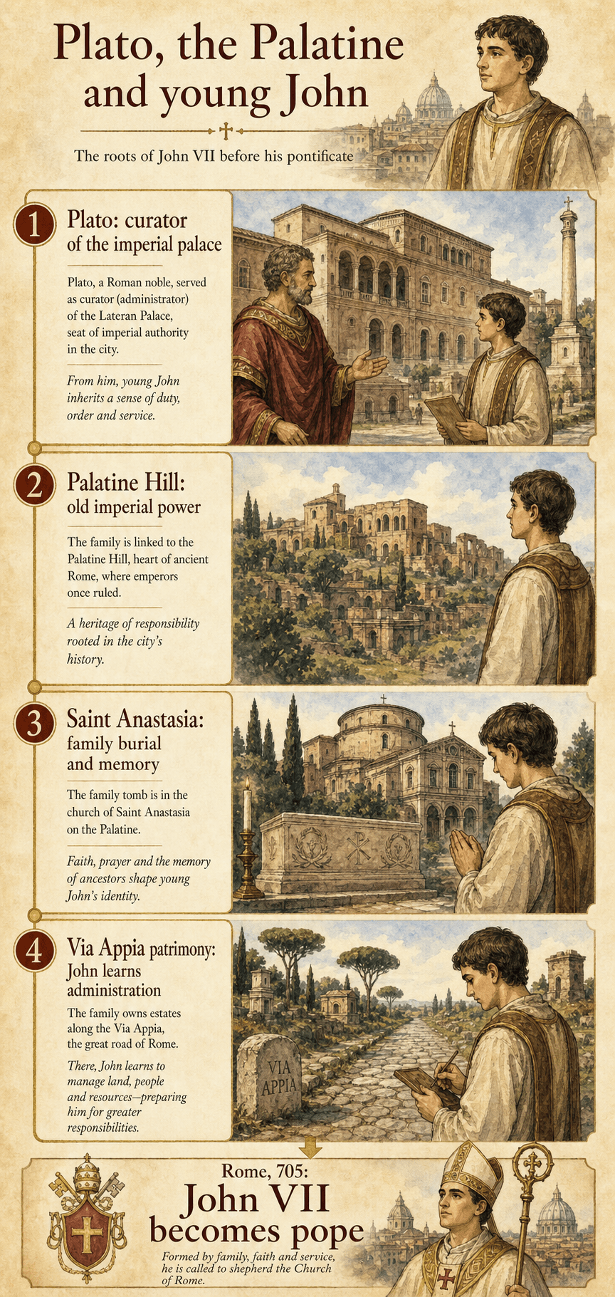 Infographic on Plato, the Palatine, Saint Anastasia, the Via Appia and Old Saint Peter's in the youth of John VII
