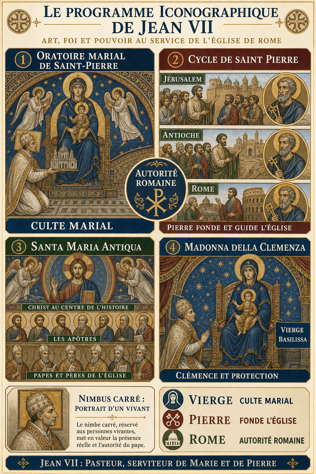 Infographie du programme iconographique de Jean VII : oratoire marial, cycle de saint Pierre, Santa Maria Antiqua, Madonna della Clemenza et nimbe carré