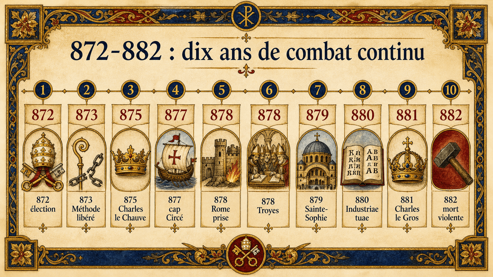 Frise infographique 872-882 : dix ans de combat continu durant le pontificat de Jean VIII.