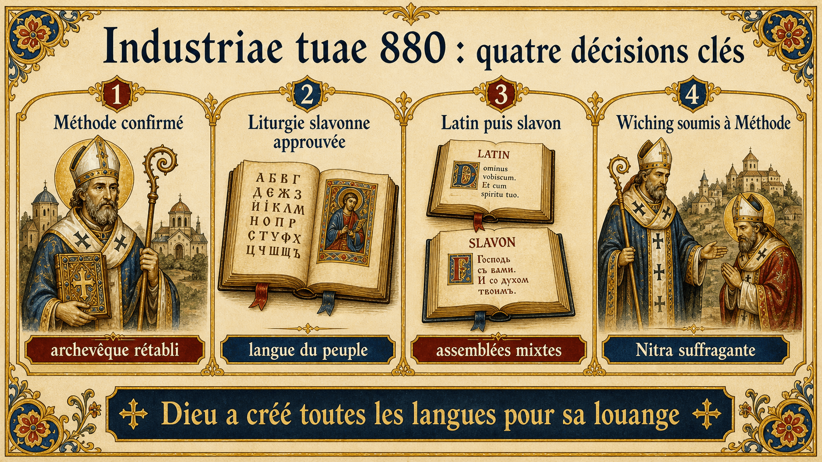 Infographie Industriae tuae 880 : Méthode confirmé, liturgie slavonne approuvée, latin puis slavon, Wiching soumis à Méthode.