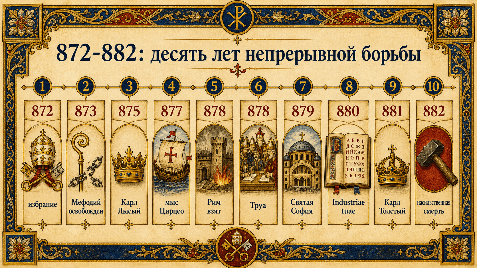 Инфографическая хронология 872-882 гг.: десять лет непрерывной борьбы во время понтификата Иоанна VIII.