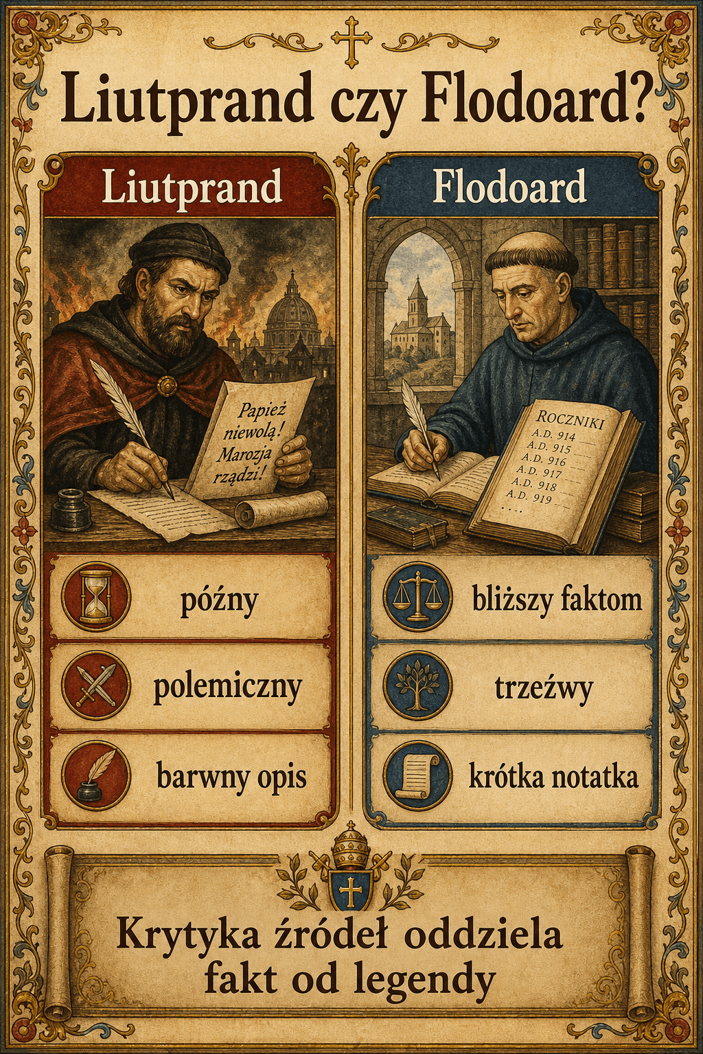 Infografika porównująca dwie relacje o śmierci Jana X: Liutpranda z Cremony i Flodoarda z Reims.