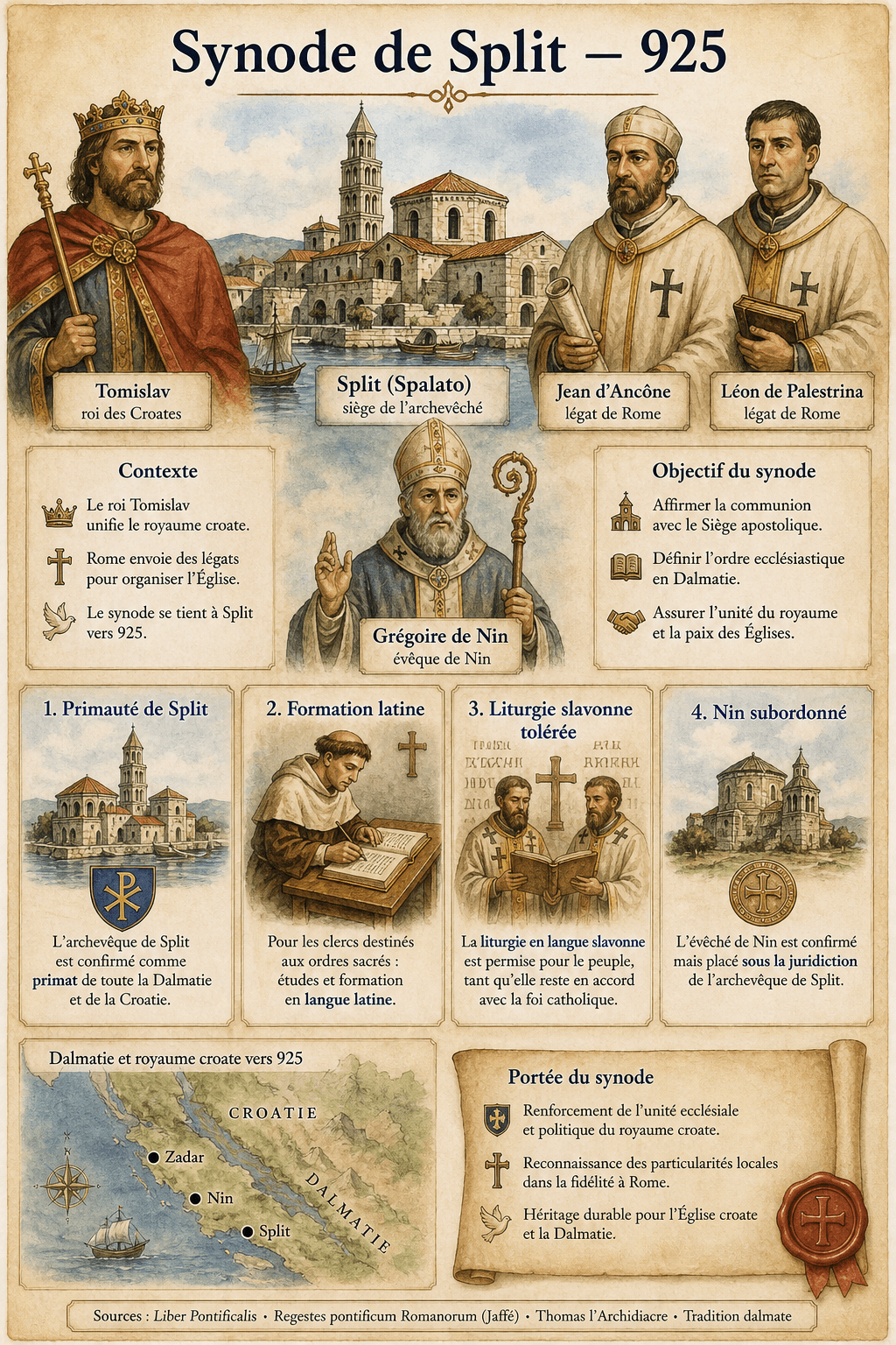 Infographie du synode de Split en 925 : Tomislav, les légats romains, Grégoire de Nin et les quatre canons principaux.