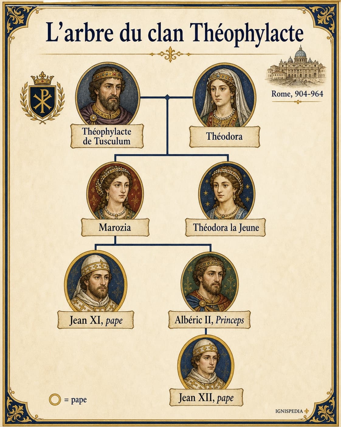 Infographie généalogique du clan Théophylacte autour de Jean XI
