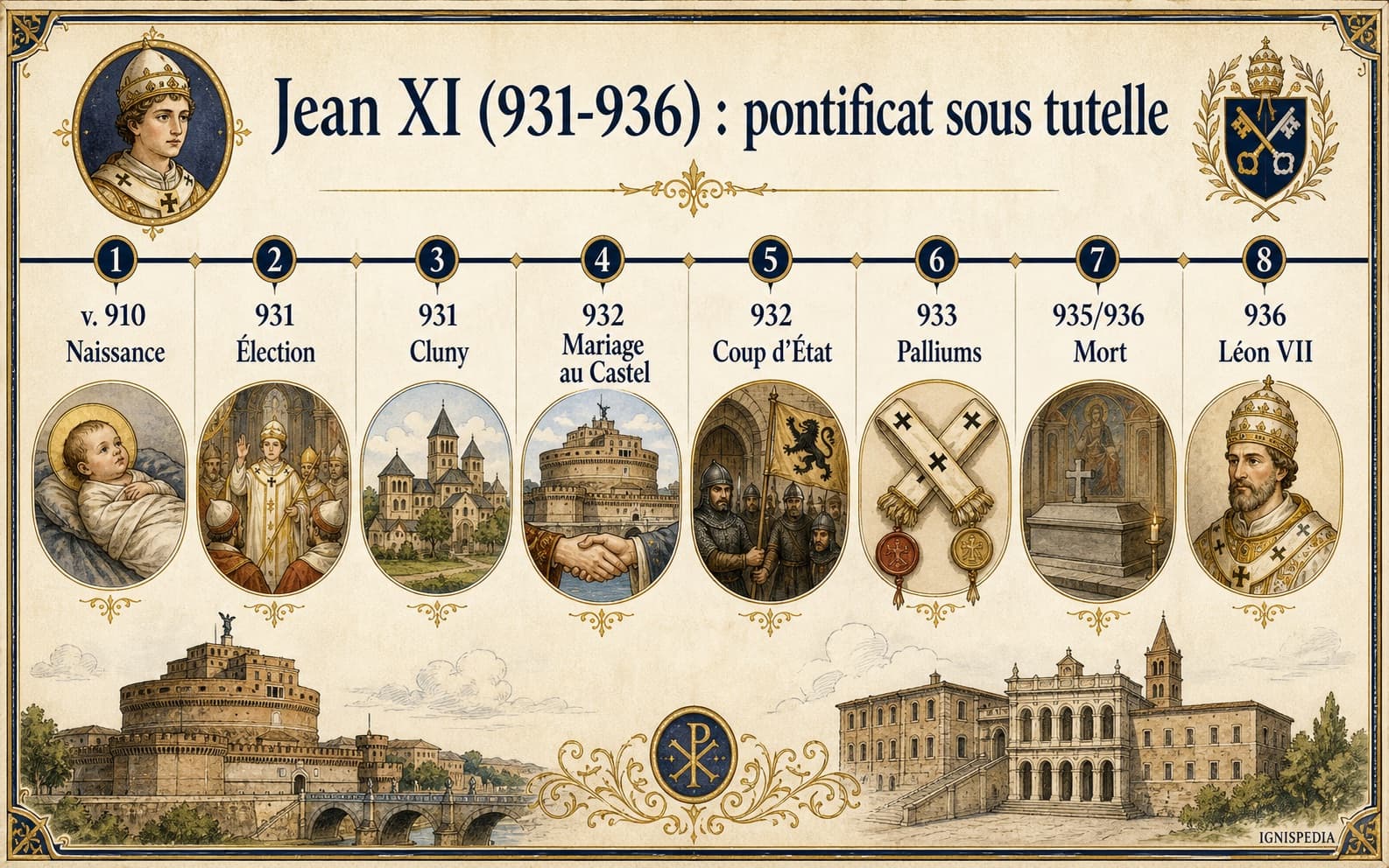 Infographie chronologique du pontificat de Jean XI de 931 à 936