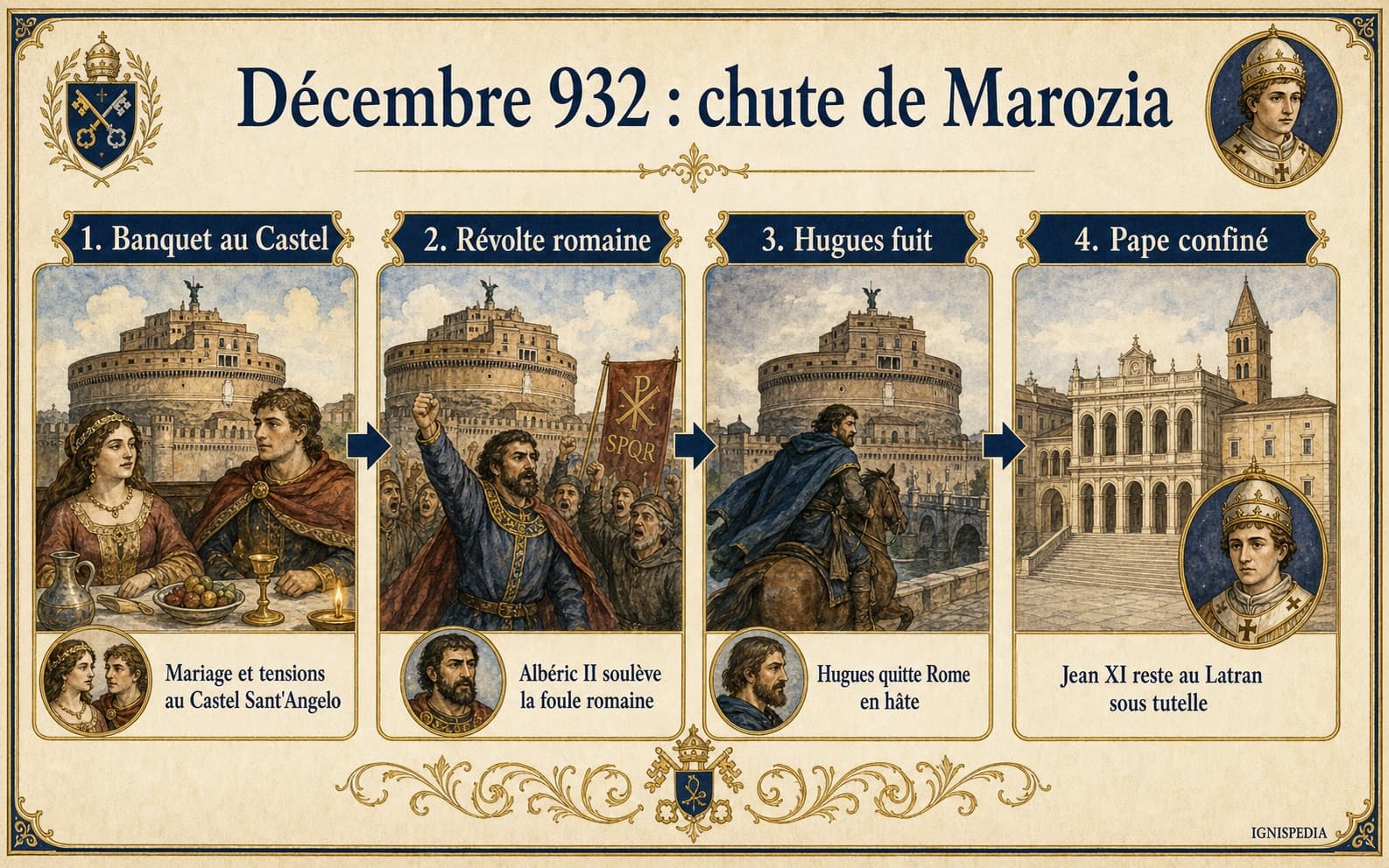 Infographie du coup d'État d'Albéric II en décembre 932