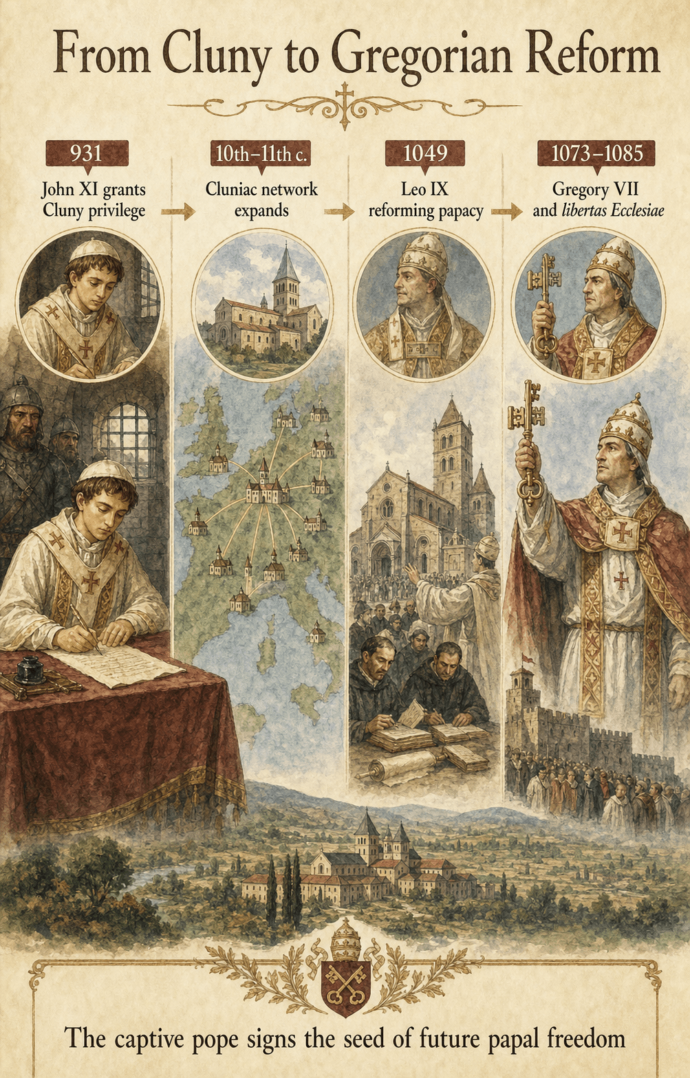 Infographic linking John XI, the Cluny privilege and the Gregorian reform