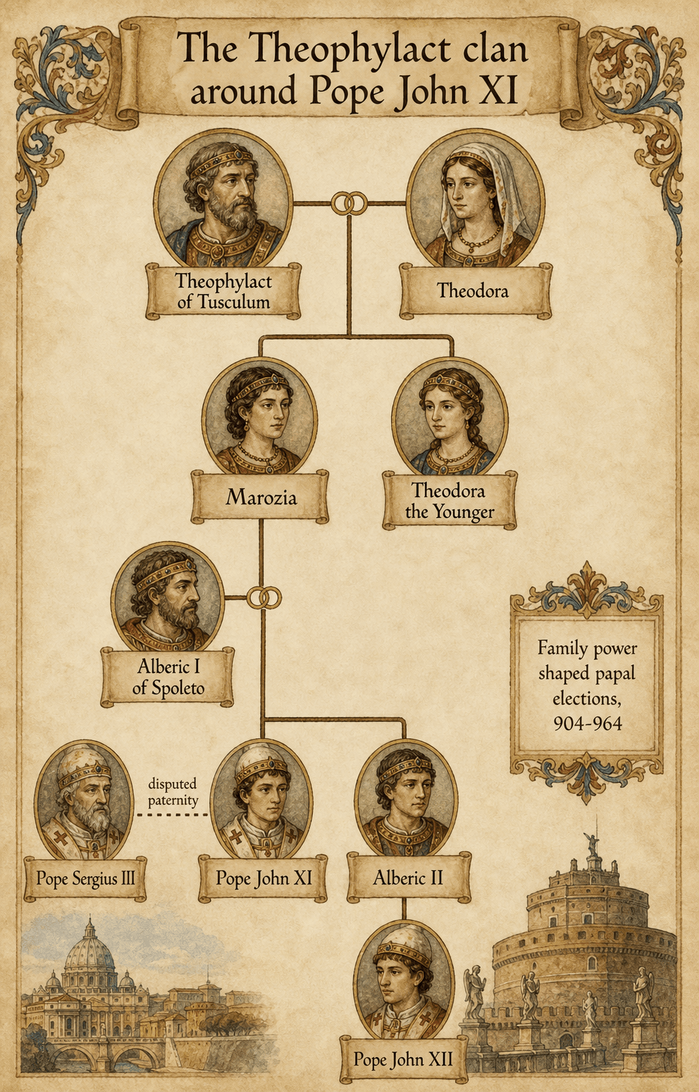 Genealogical infographic of the Theophylact clan around Pope John XI